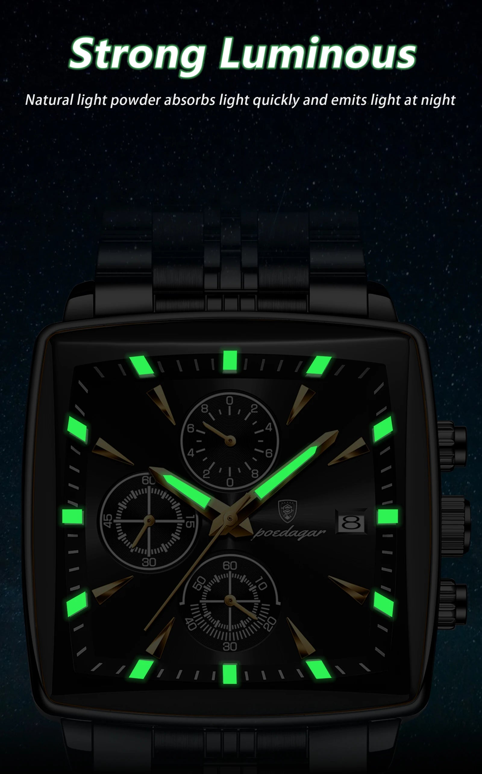 Square Chronograph Watch – Luminous Numberless Dial with Hidden Clasp Bracelet