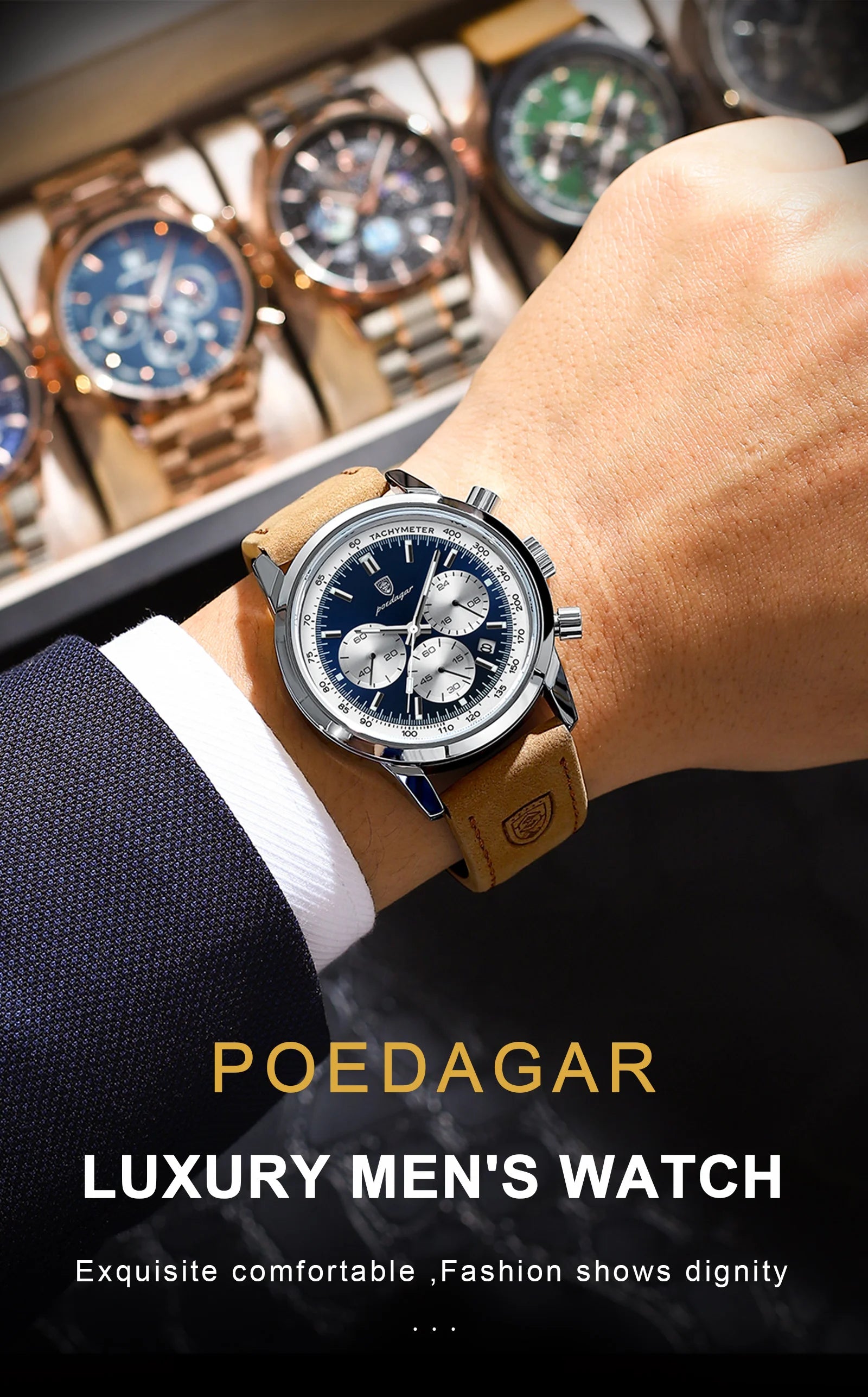Chronograph Leather Watch – Luminous Numberless Dial with Date