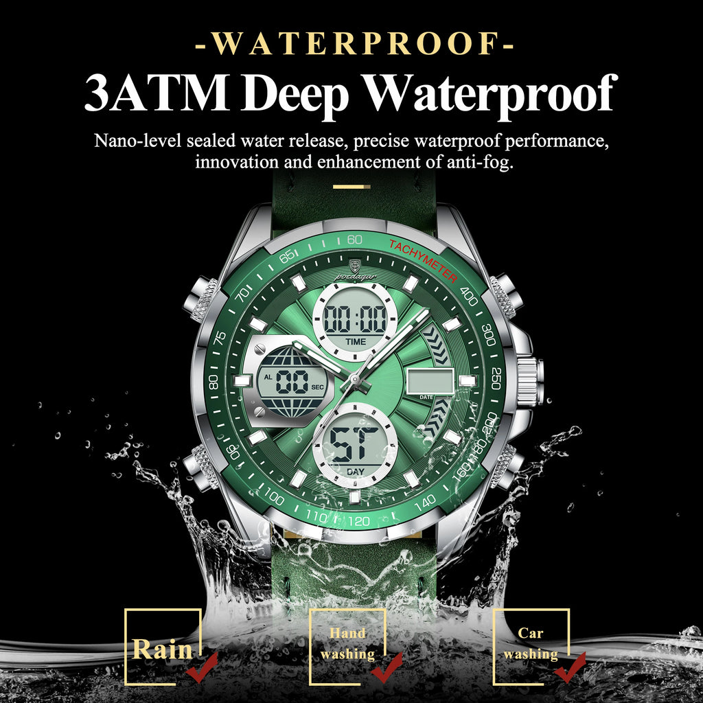 LED Analog-Digital Chronograph Watch – Dual Time & Alarm with Leather Strap