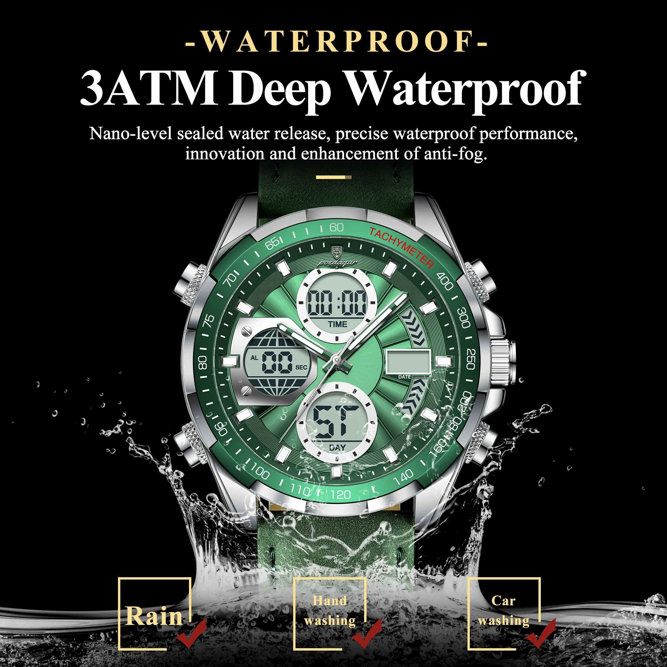 LED Analog-Digital Chronograph Watch – Dual Time & Alarm with Leather Strap