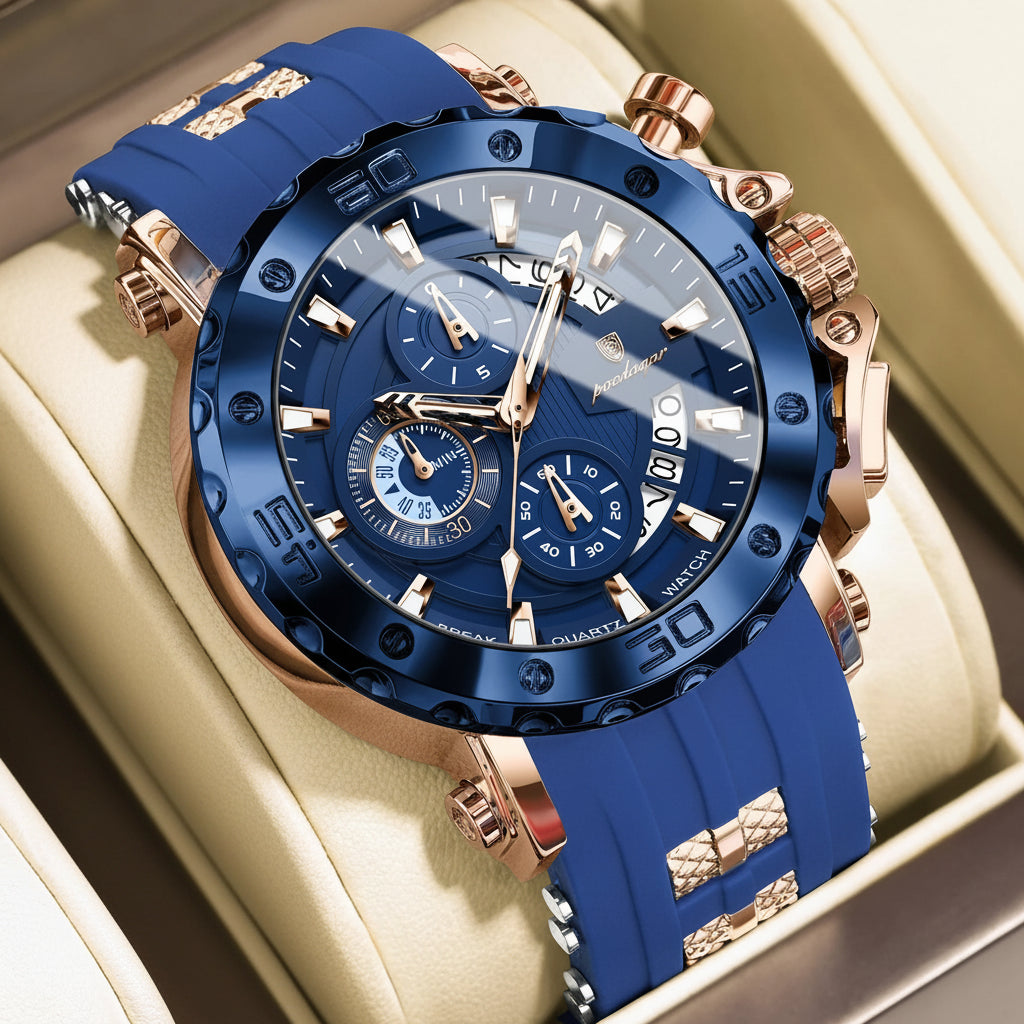 Large Chronograph Sport Watch – Full Calendar with Silicone Strap & Luminous Dial