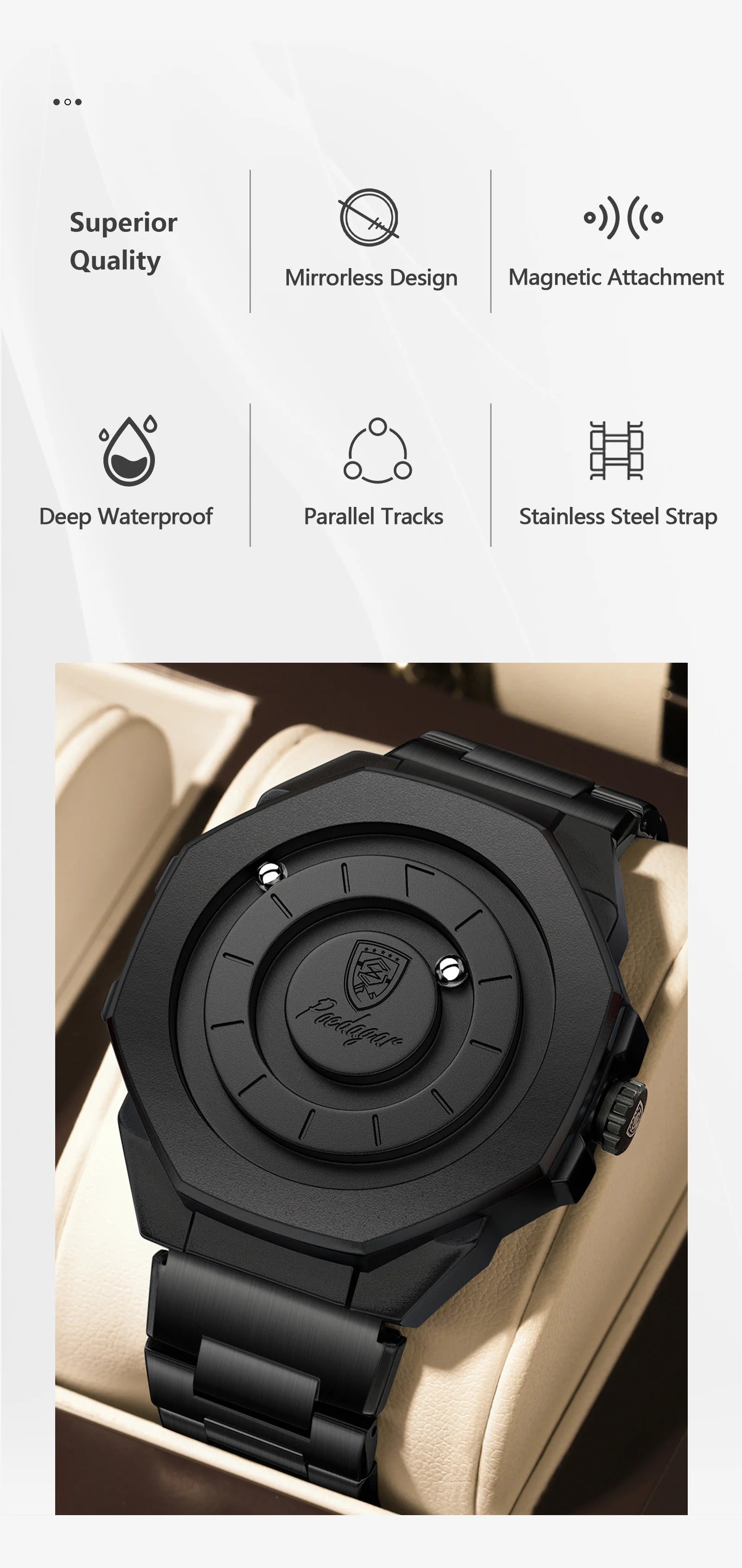 Sculpted Irregular Sport Watch – Large Numberless Dial with Hidden Clasp Bracelet