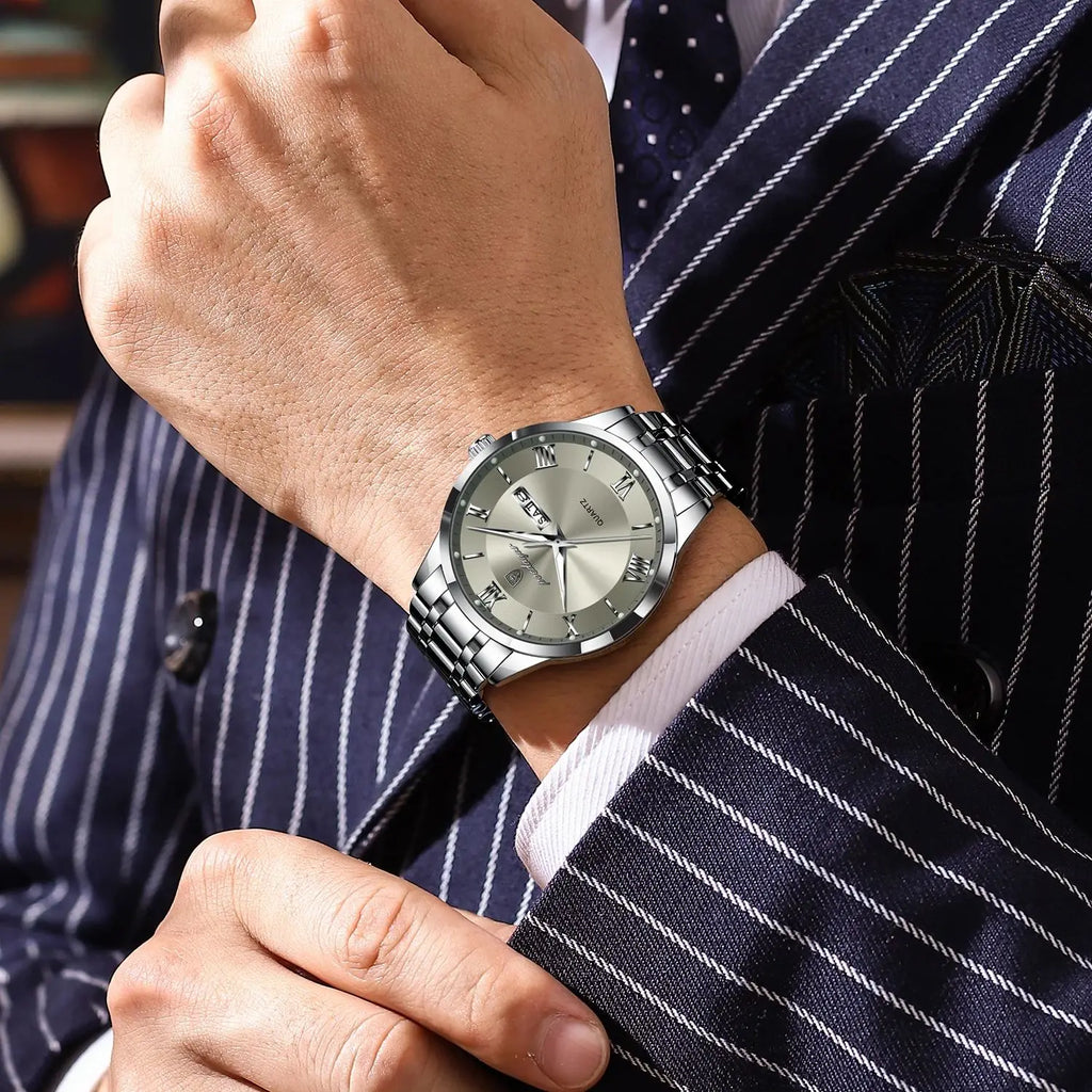 Roman Numeral Full Calendar Watch – Luminous Dial with Date, Week & Hidden Clasp