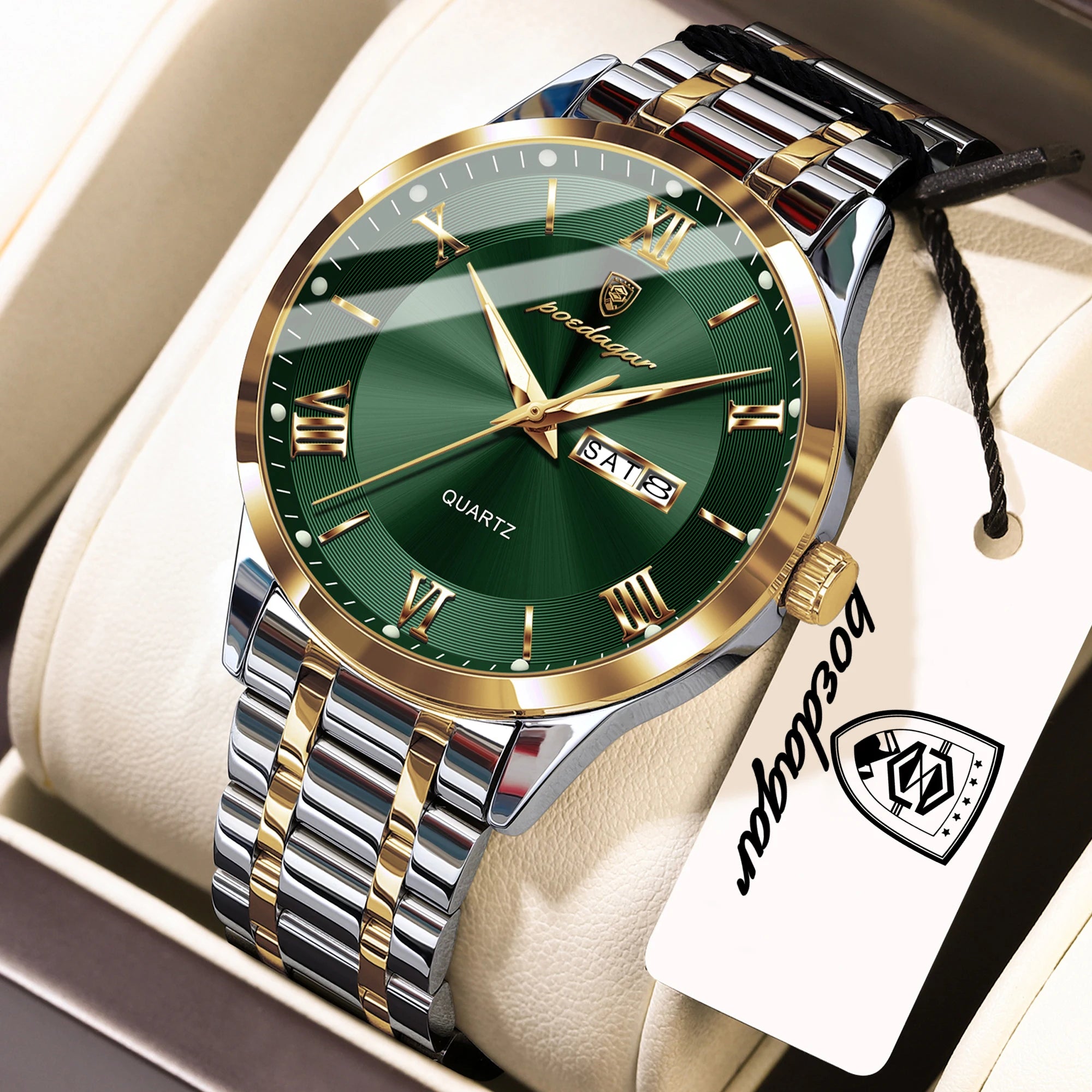 Full Calendar Stainless Steel Watch – Luminous Dial with Date, Week & Hidden Clasp