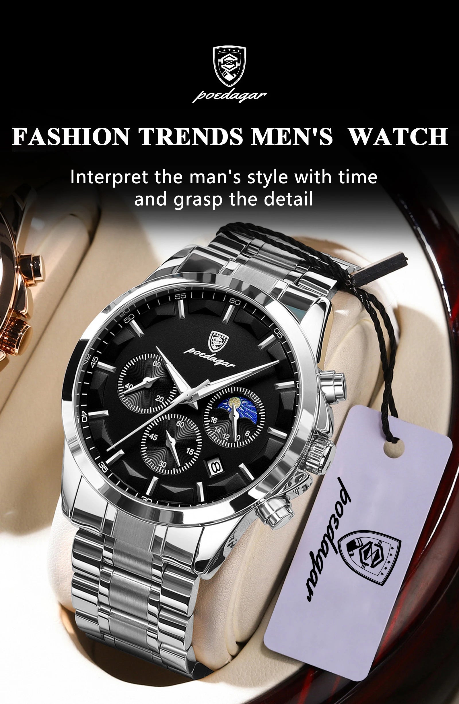 Chronograph Date Watch – Luminous Numberless Dial with Bracelet Clasp