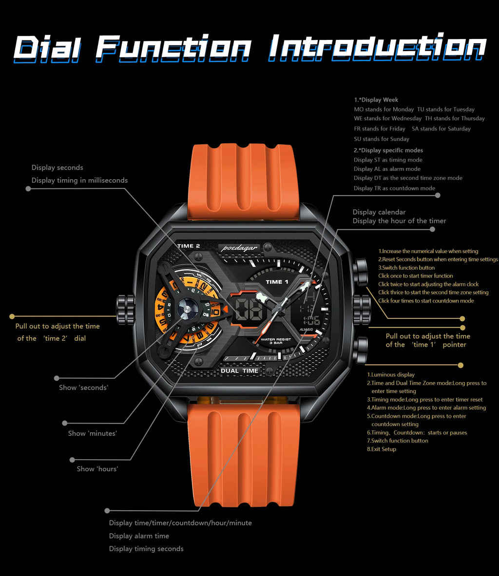 LED Chronograph Sport Watch – Dual Time & Alarm with Silicone Strap