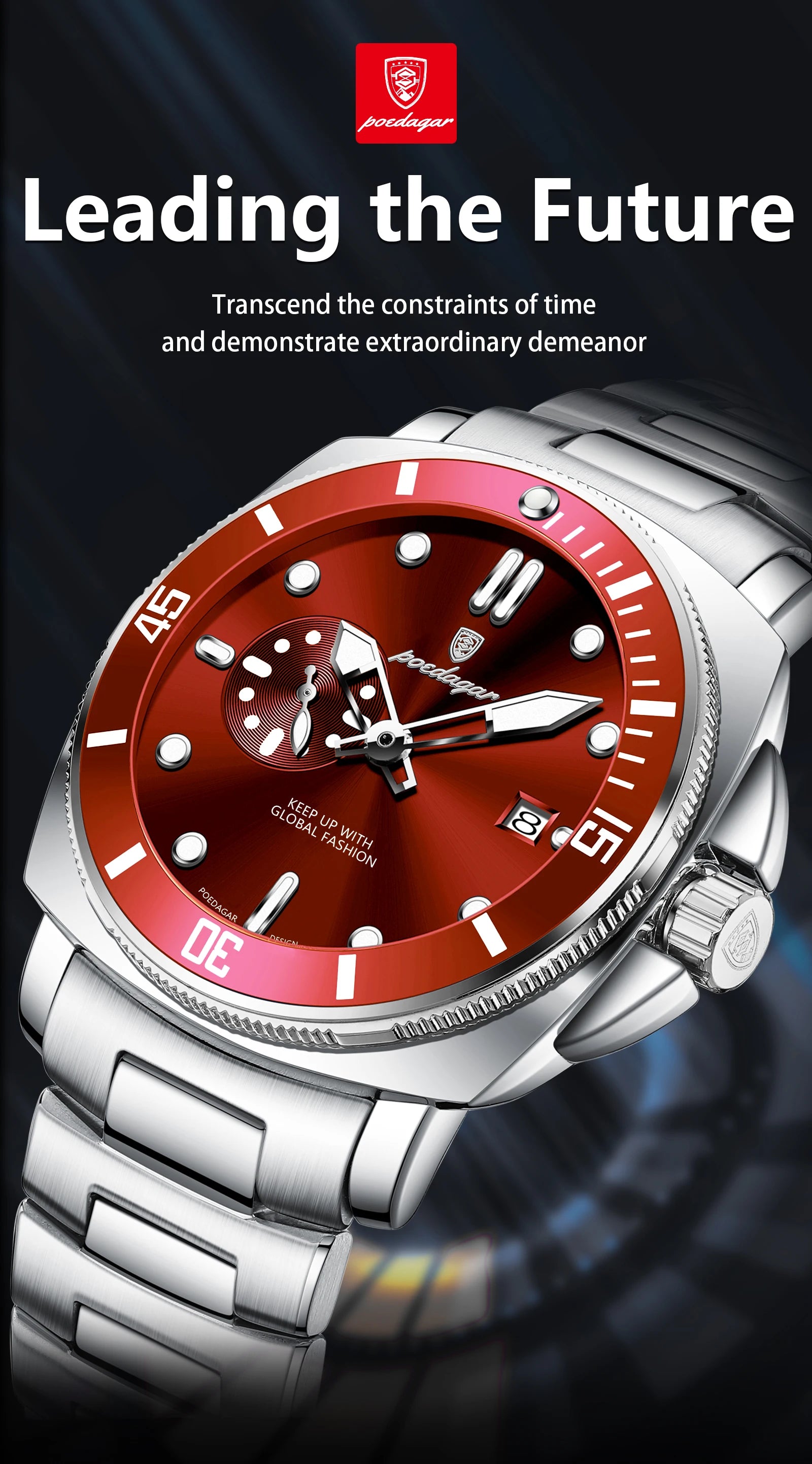Business Date Watch – Luminous Numberless Dial with Hidden Clasp Bracelet