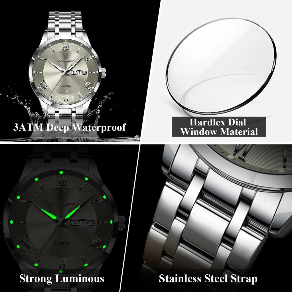 Roman Numeral Full Calendar Watch – Luminous Dial with Date, Week & Hidden Clasp