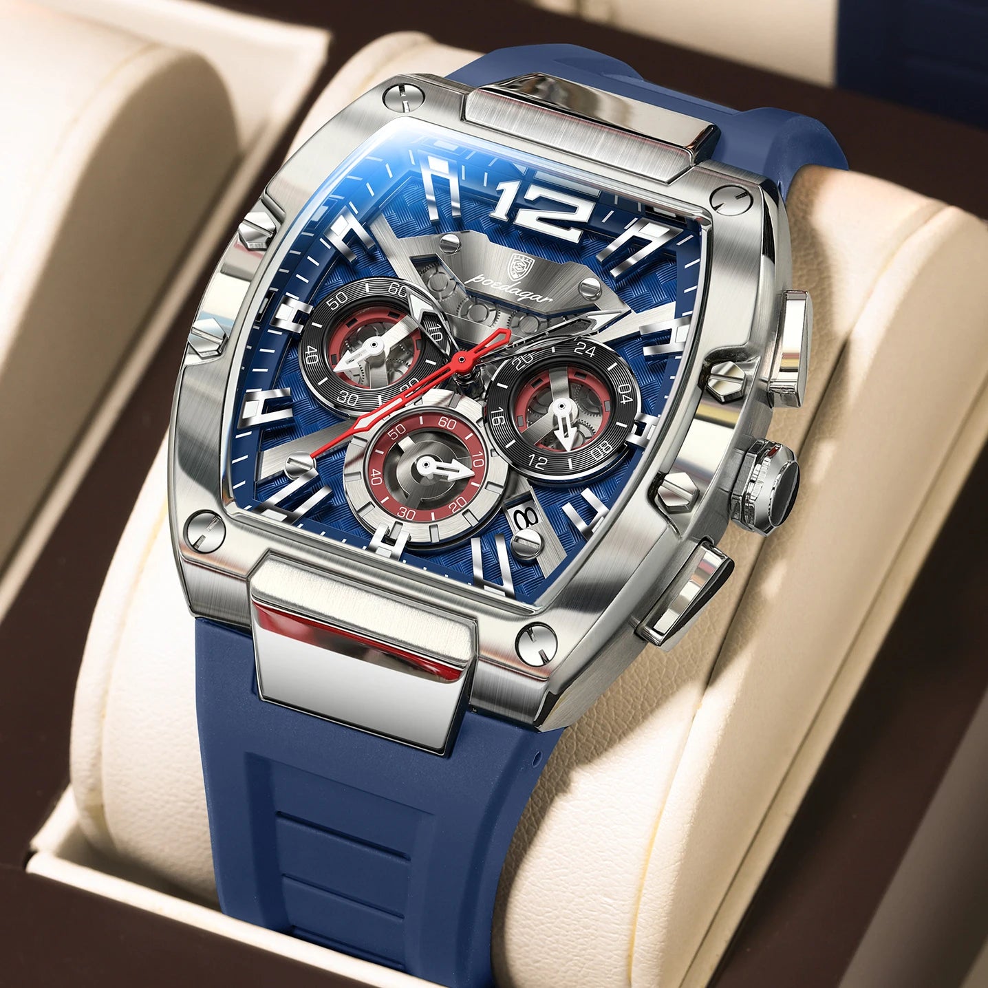 Tonneau Chronograph Watch – Luminous Arabic Dial with Silicone Strap