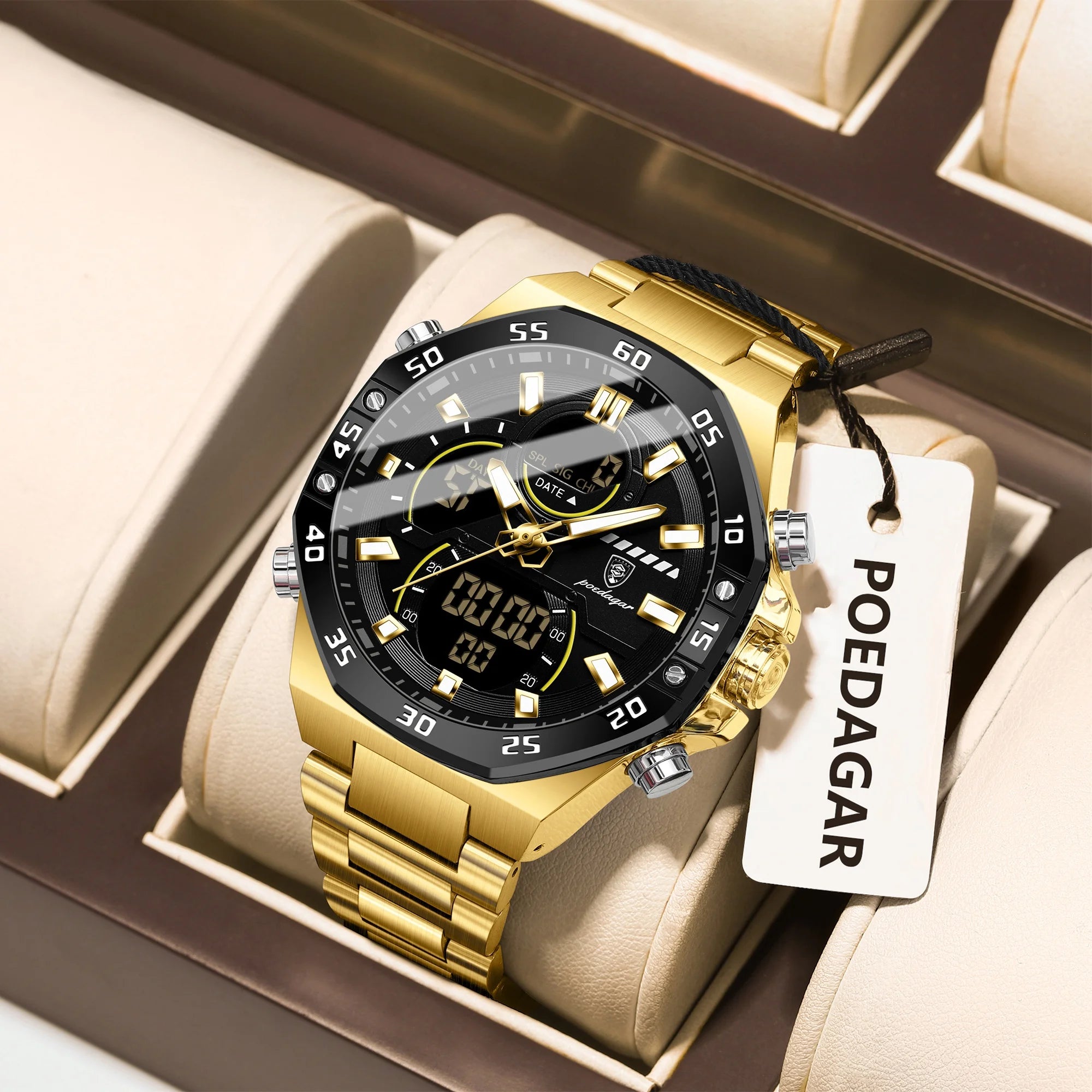 LED Analog-Digital Chronograph Watch – Full Calendar with Alarm & Bracelet