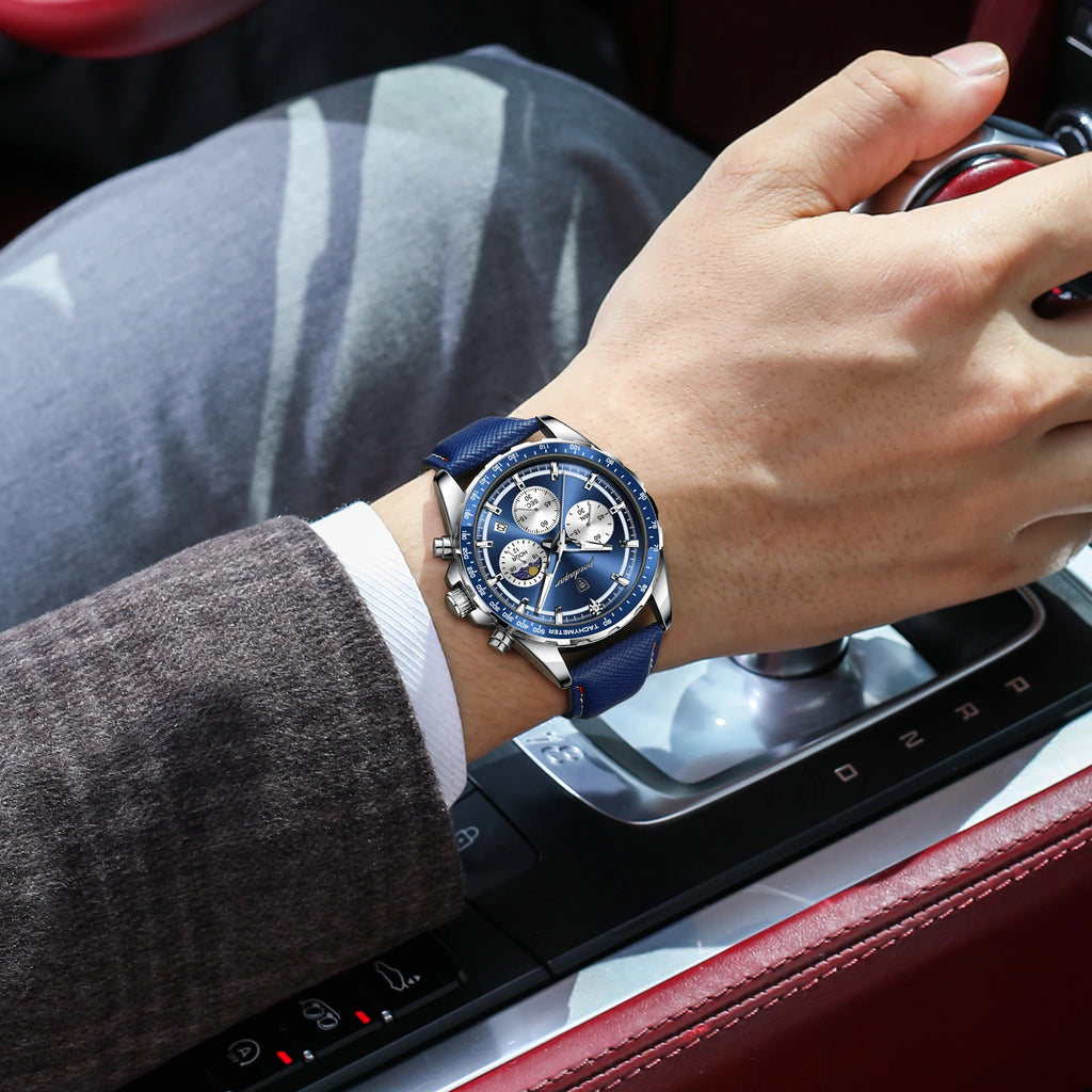 Premium Leather Chronograph Watch – Luminous Dial, Date Display, Quartz Movement