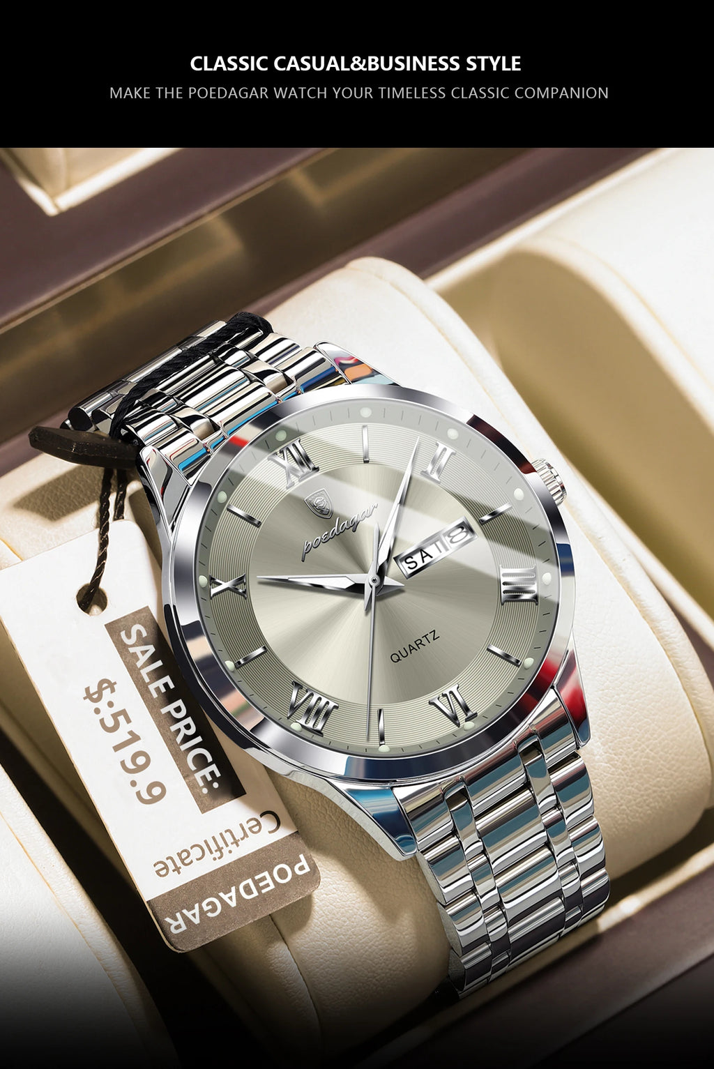 Roman Numeral Full Calendar Watch – Luminous Dial with Date, Week & Hidden Clasp