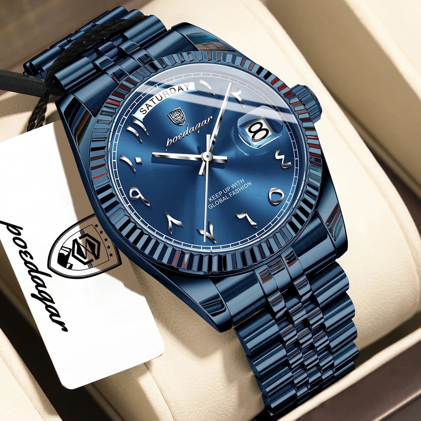 Full Calendar Slim Watch – Date & Week Display with Hidden Clasp Bracelet