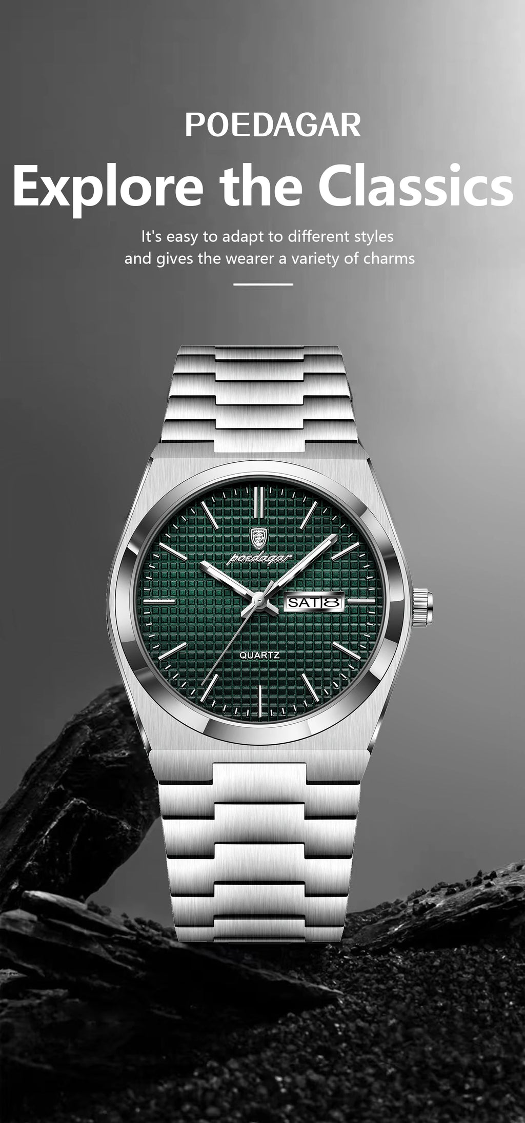 Full Calendar Stainless Steel Watch – Luminous Dial with Date, Week & Hidden Clasp