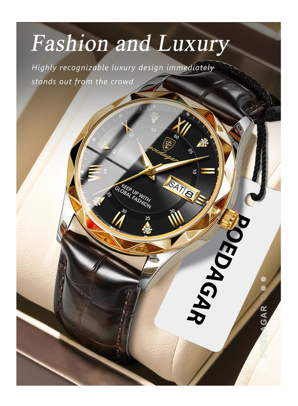 POEDAGAR Original Luxury Male Watch Waterproof Luminous Date Week Sports Men's Watches Classic Business Quartz Leather Men Watch