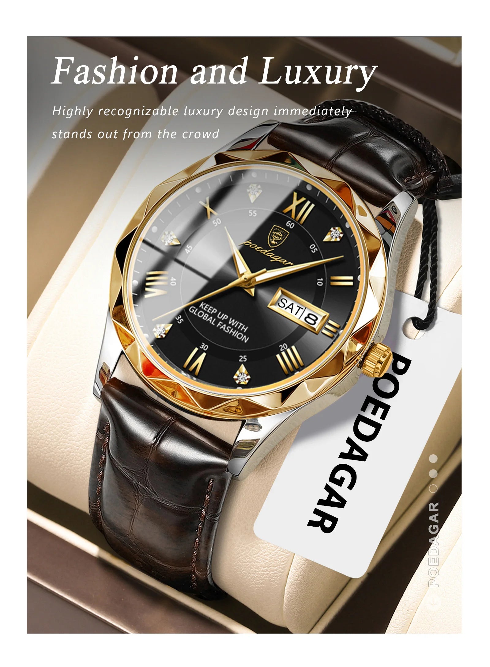 POEDAGAR Original Luxury Male Watch Waterproof Luminous Date Week Sports Men's Watches Classic Business Quartz Leather Men Watch