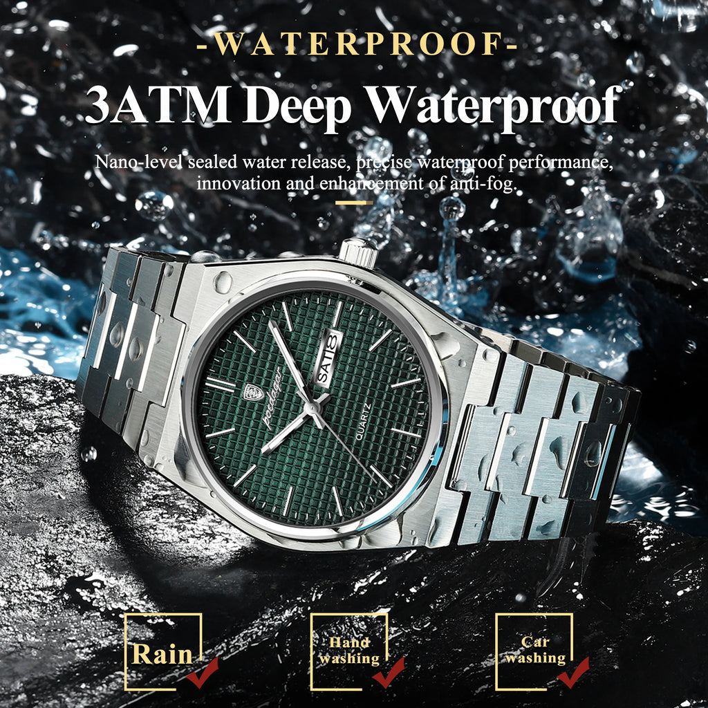 Full Calendar Stainless Steel Watch – Luminous Dial with Date, Week & Hidden Clasp