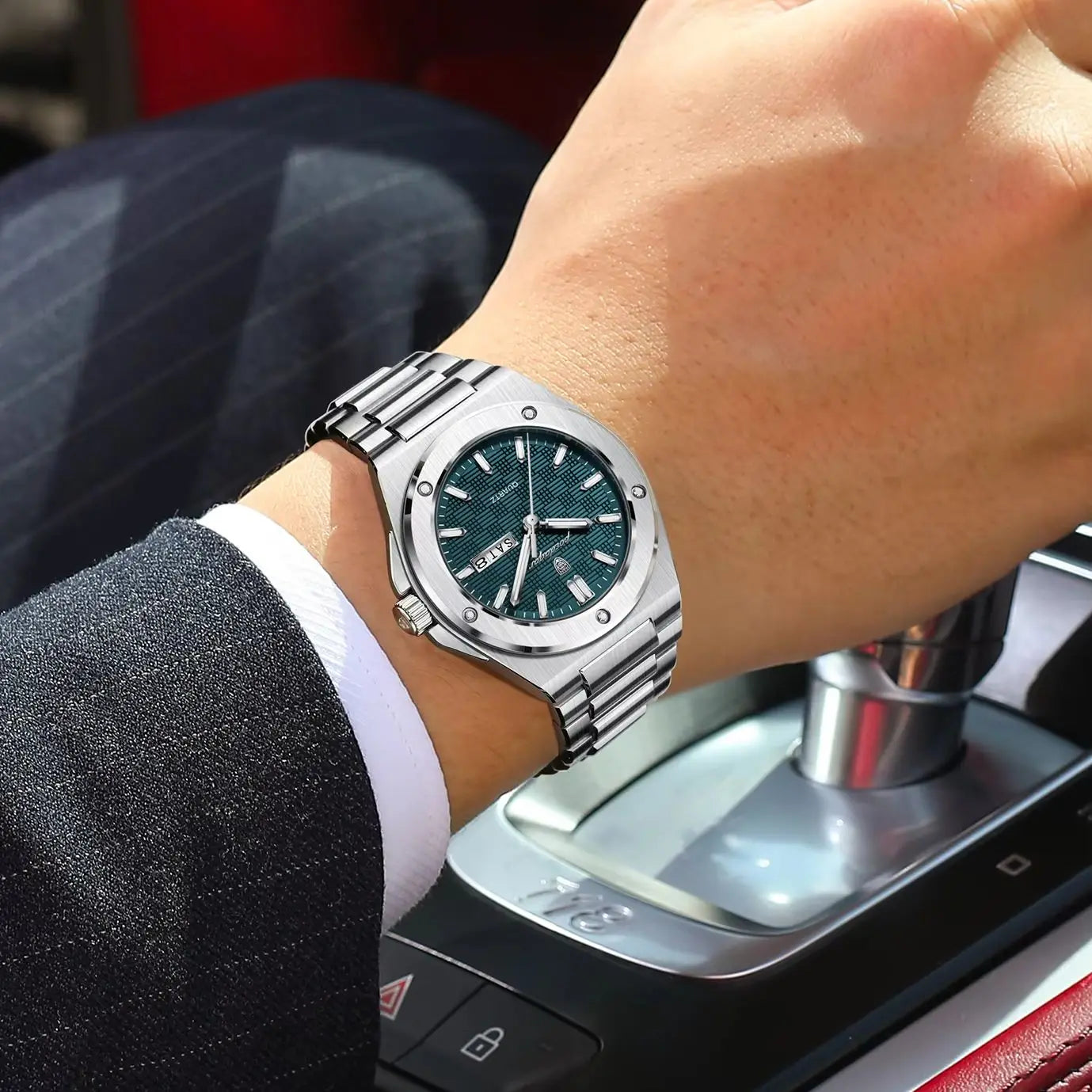 Full Calendar Business Watch – Luminous Stainless Steel with Hidden Clasp Bracelet