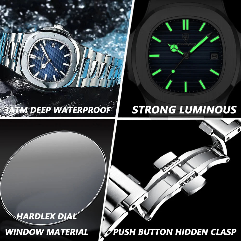 Men's Square Quartz Watch – Waterproof, Luminous, Date