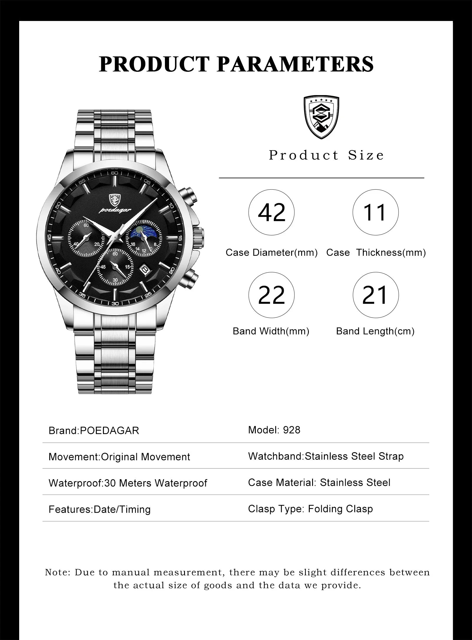 Chronograph Date Watch – Luminous Numberless Dial with Bracelet Clasp