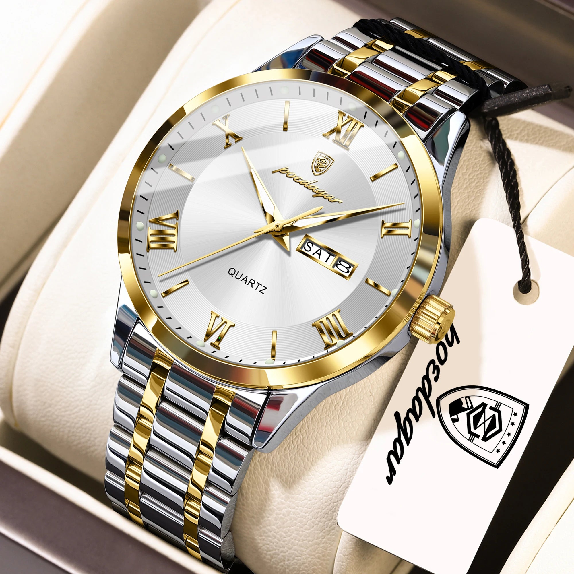 Full Calendar Stainless Steel Watch – Luminous Dial with Date, Week & Hidden Clasp