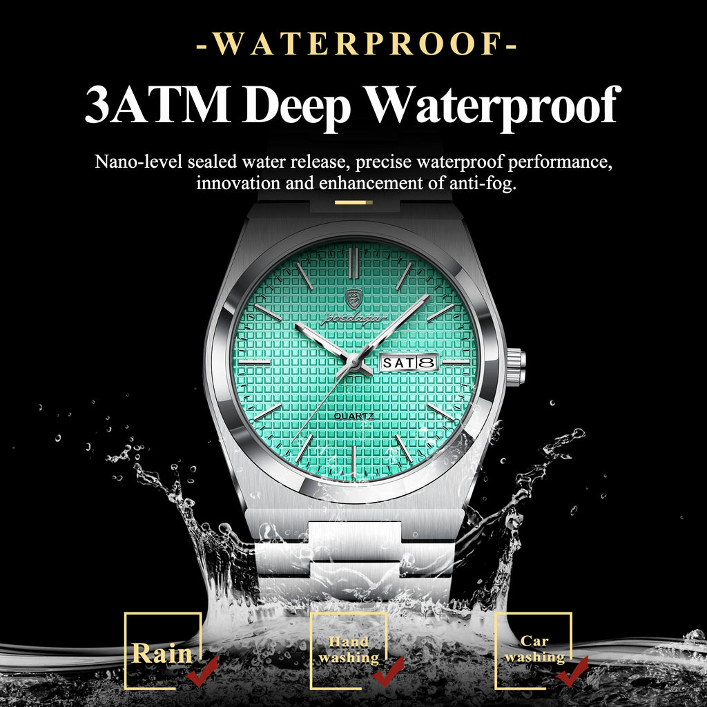Full Calendar Stainless Steel Watch – Luminous Dial with Hidden Clasp Bracelet
