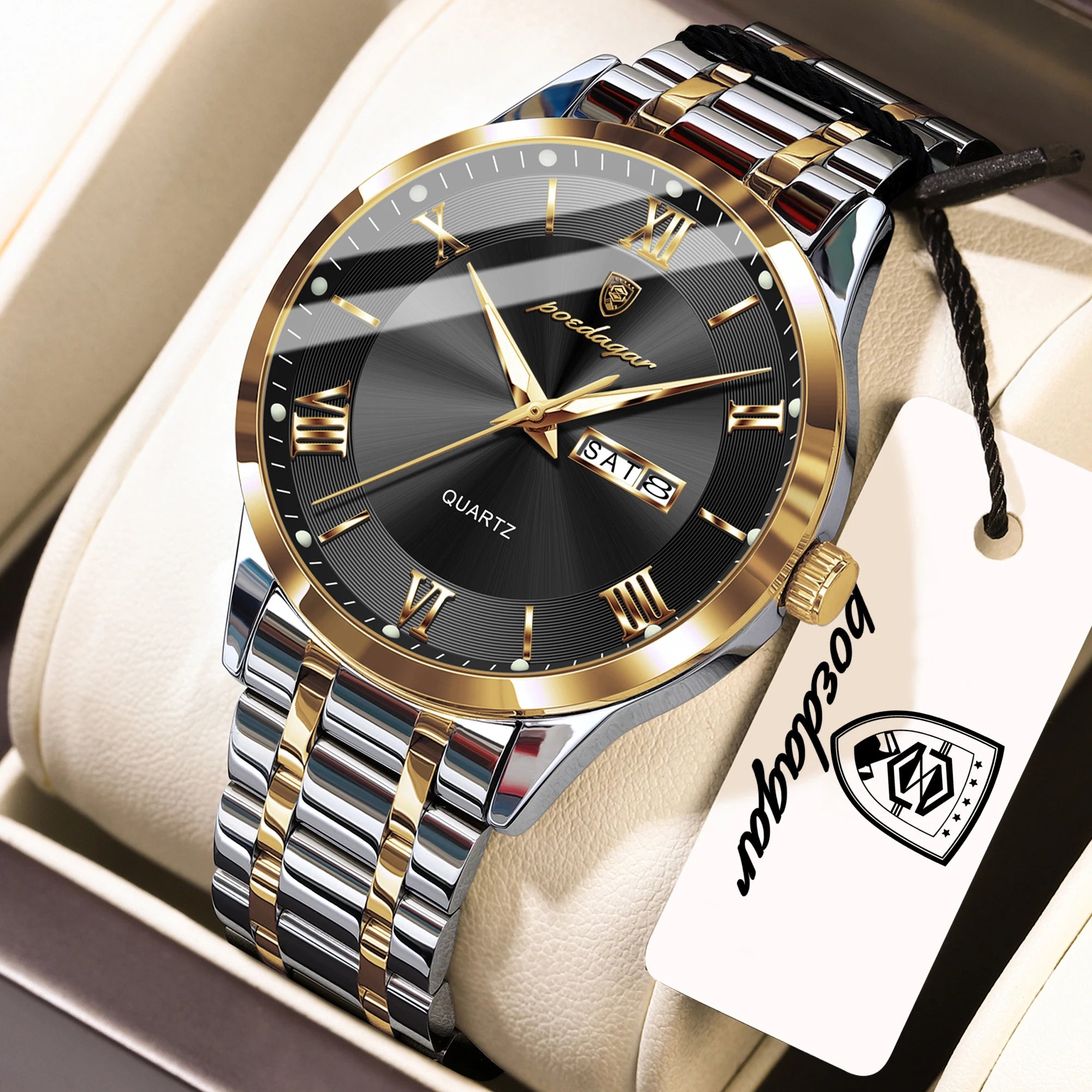 Full Calendar Stainless Steel Watch – Luminous Dial with Date, Week & Hidden Clasp
