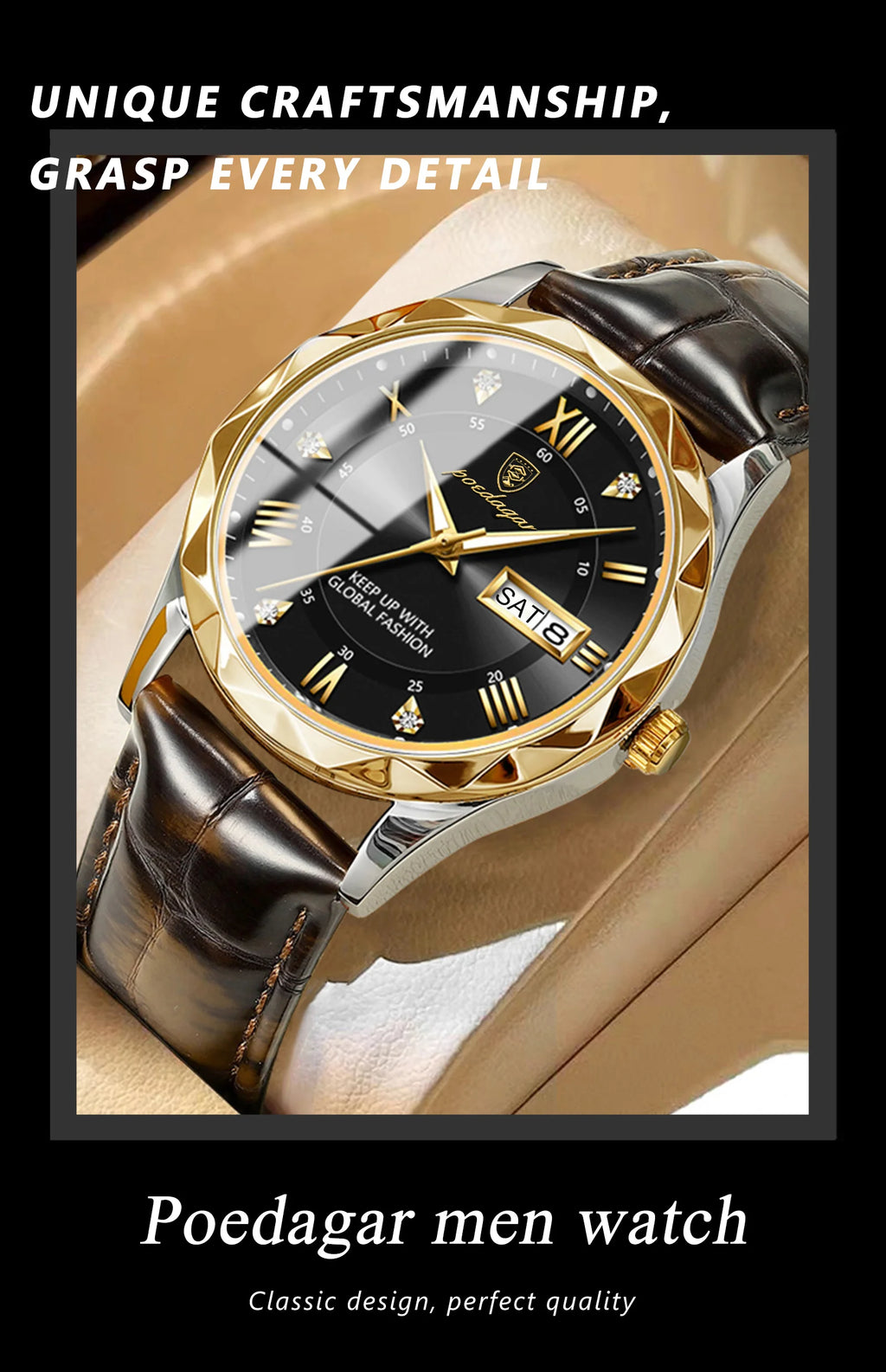 POEDAGAR Original Luxury Male Watch Waterproof Luminous Date Week Sports Men's Watches Classic Business Quartz Leather Men Watch