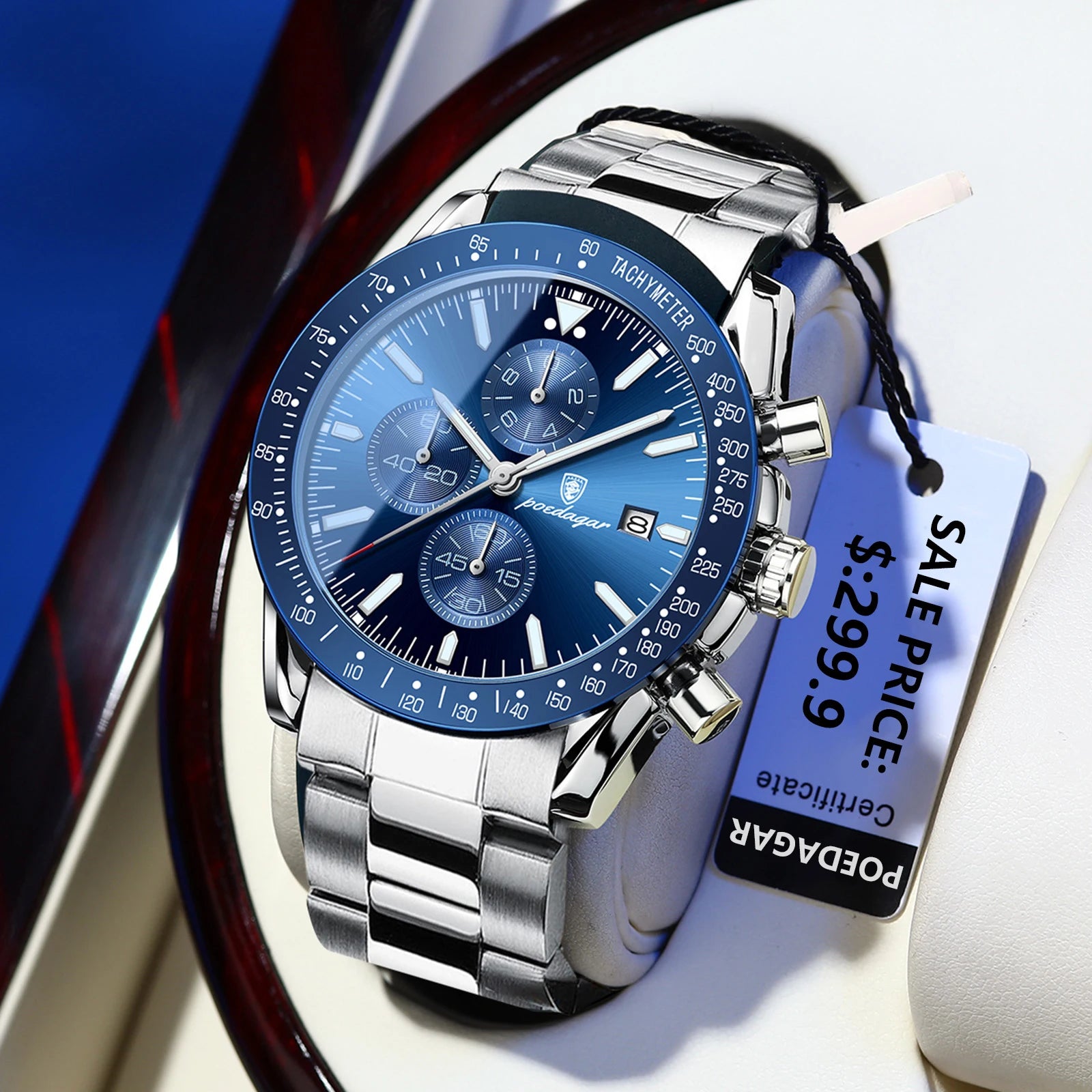Dress Chronograph Watch – Luminous Dial with Safety Clasp Bracelet