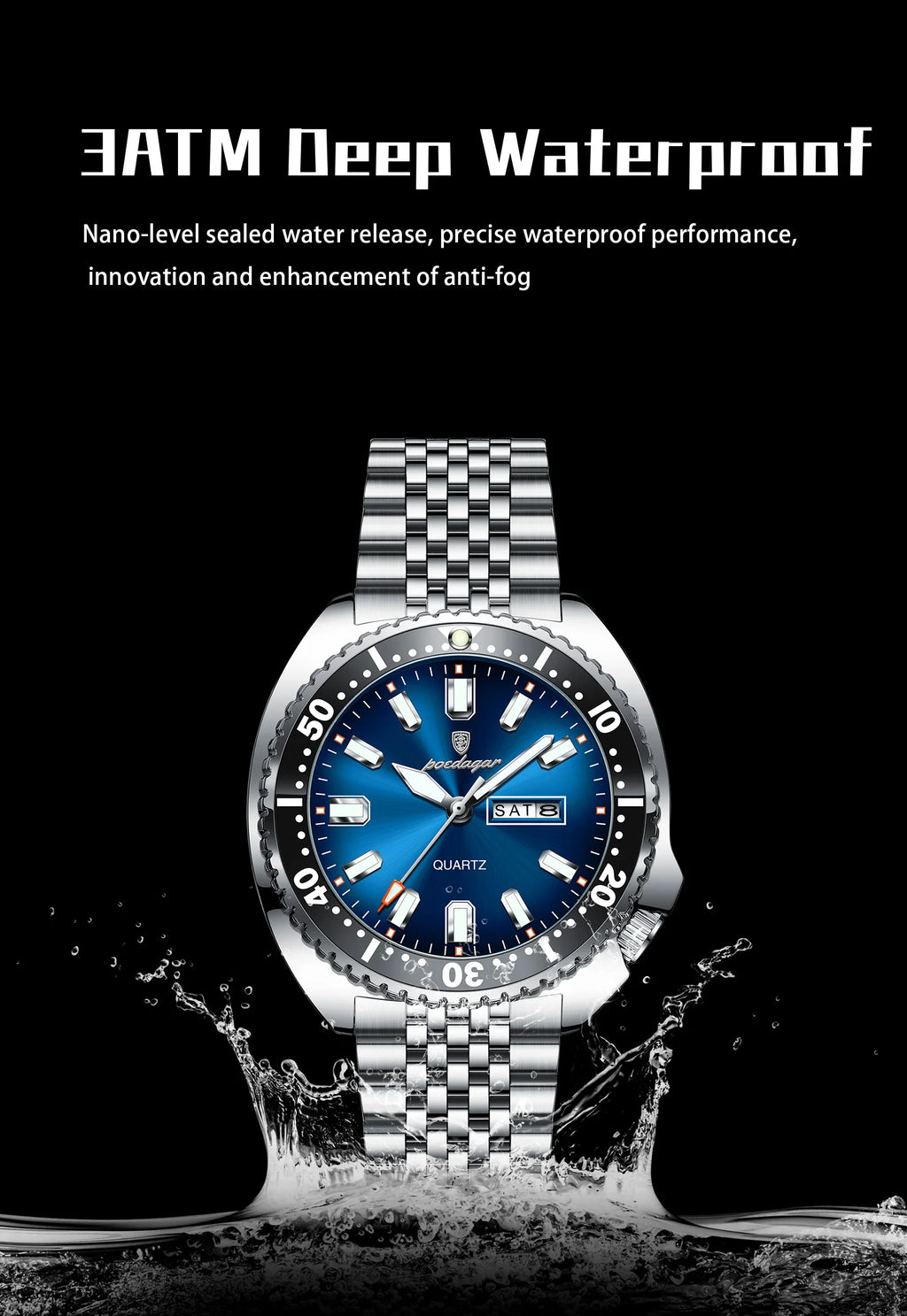 Large Full Calendar Watch – Luminous Numberless Dial with Hidden Clasp Bracelet