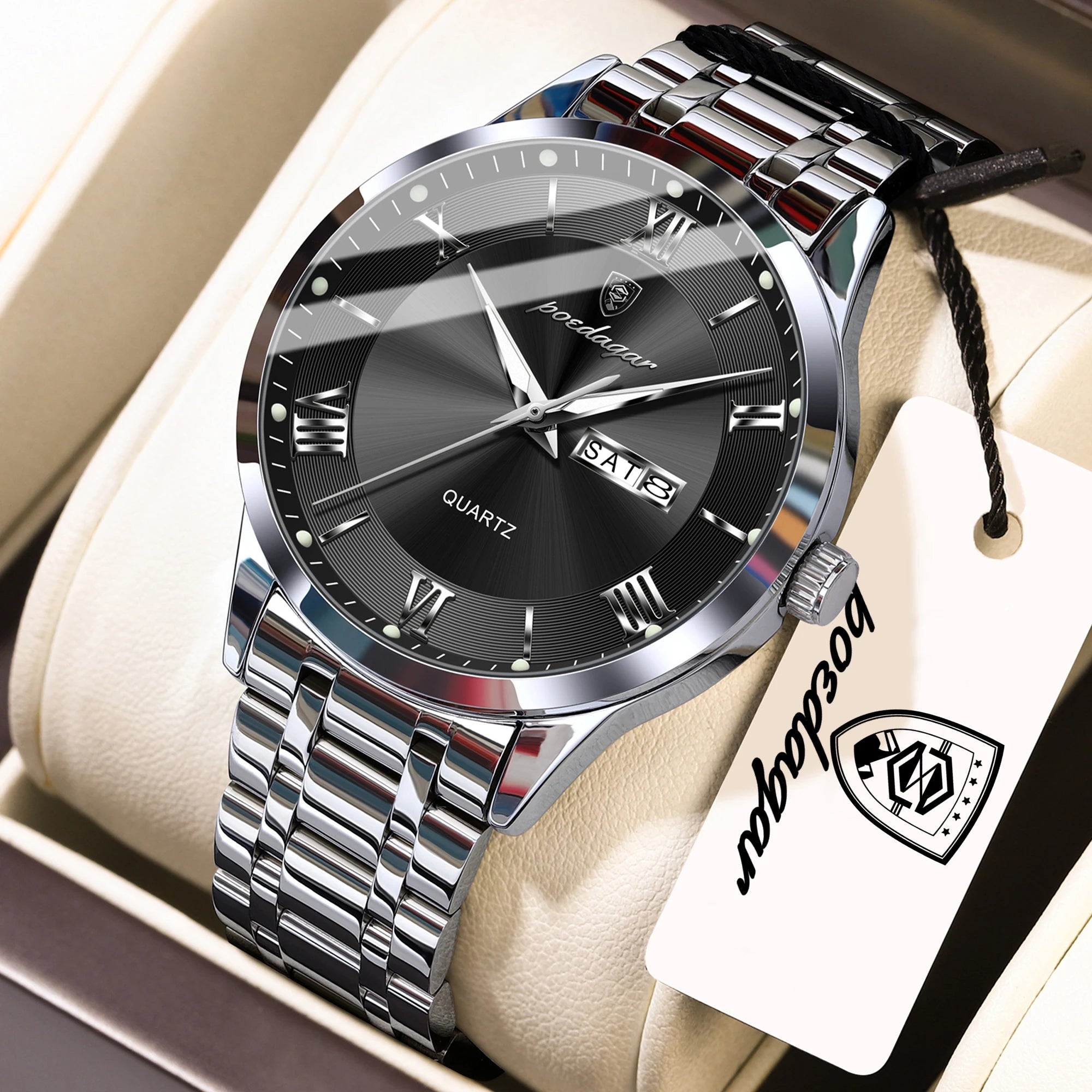 Full Calendar Stainless Steel Watch – Luminous Dial with Date, Week & Hidden Clasp