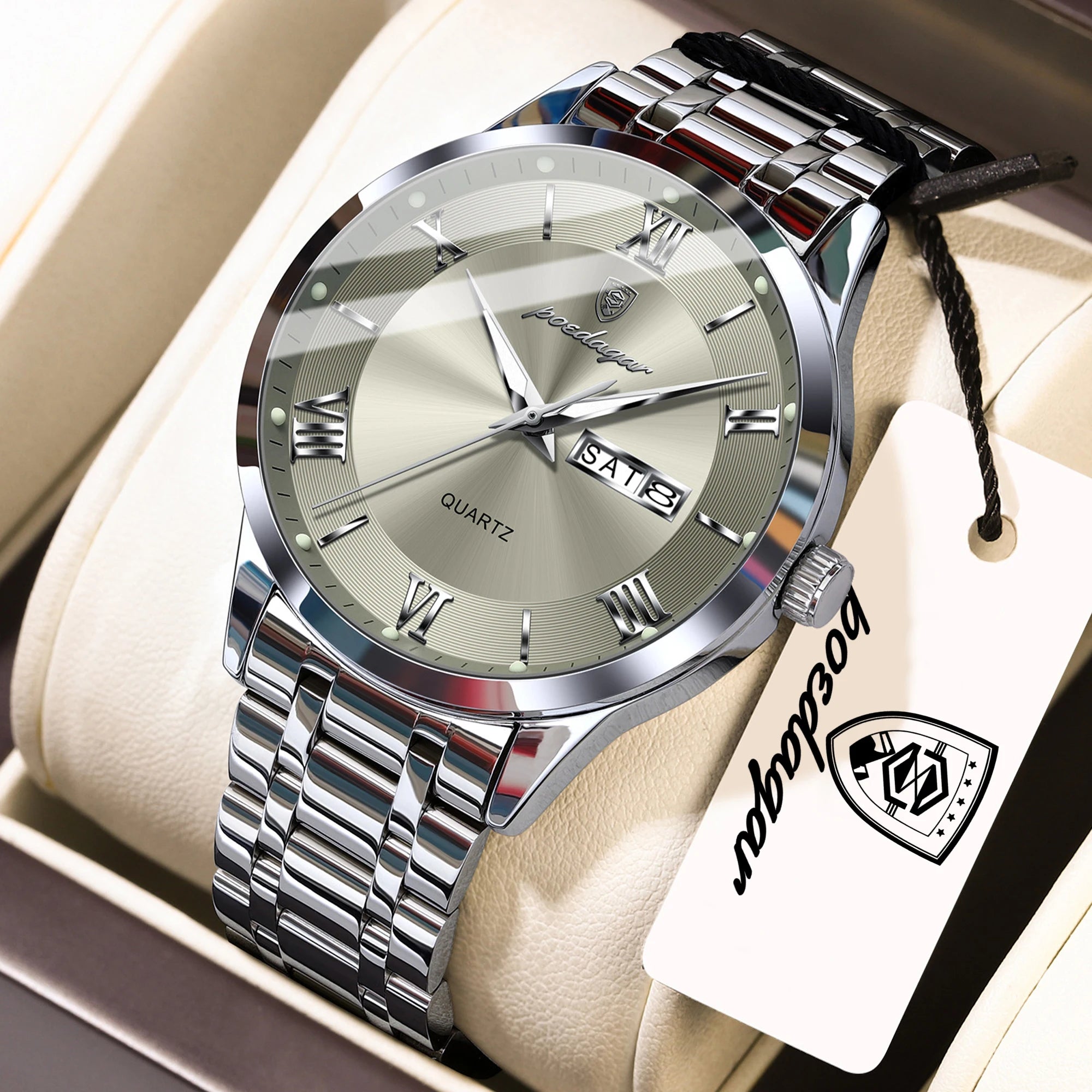 Full Calendar Stainless Steel Watch – Luminous Dial with Date, Week & Hidden Clasp