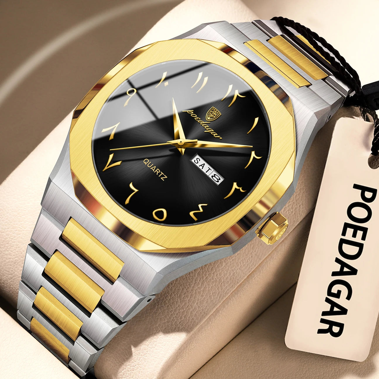 Irregular Shape Full Calendar Watch – Date & Week Display with Hidden Clasp