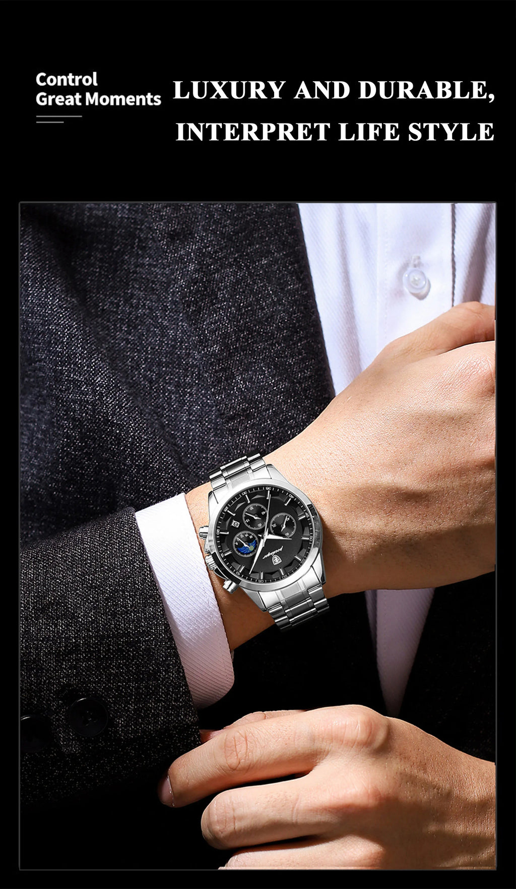 Chronograph Date Watch – Luminous Numberless Dial with Bracelet Clasp