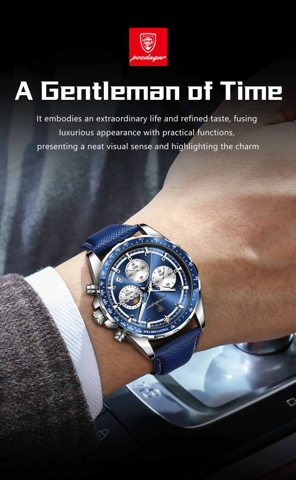 Premium Leather Chronograph Watch – Luminous Dial, Date Display, Quartz Movement