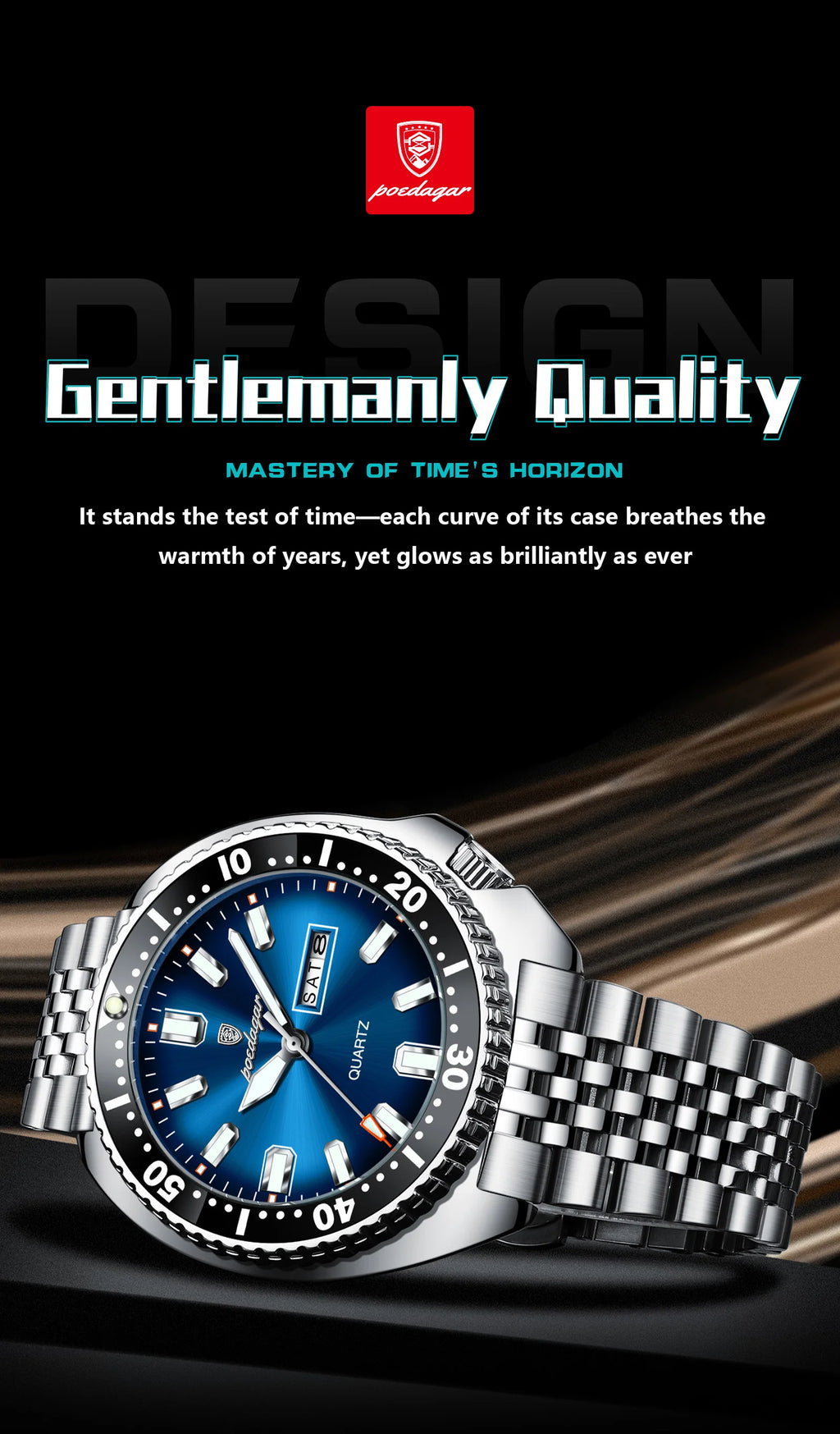 Large Full Calendar Watch – Luminous Numberless Dial with Hidden Clasp Bracelet