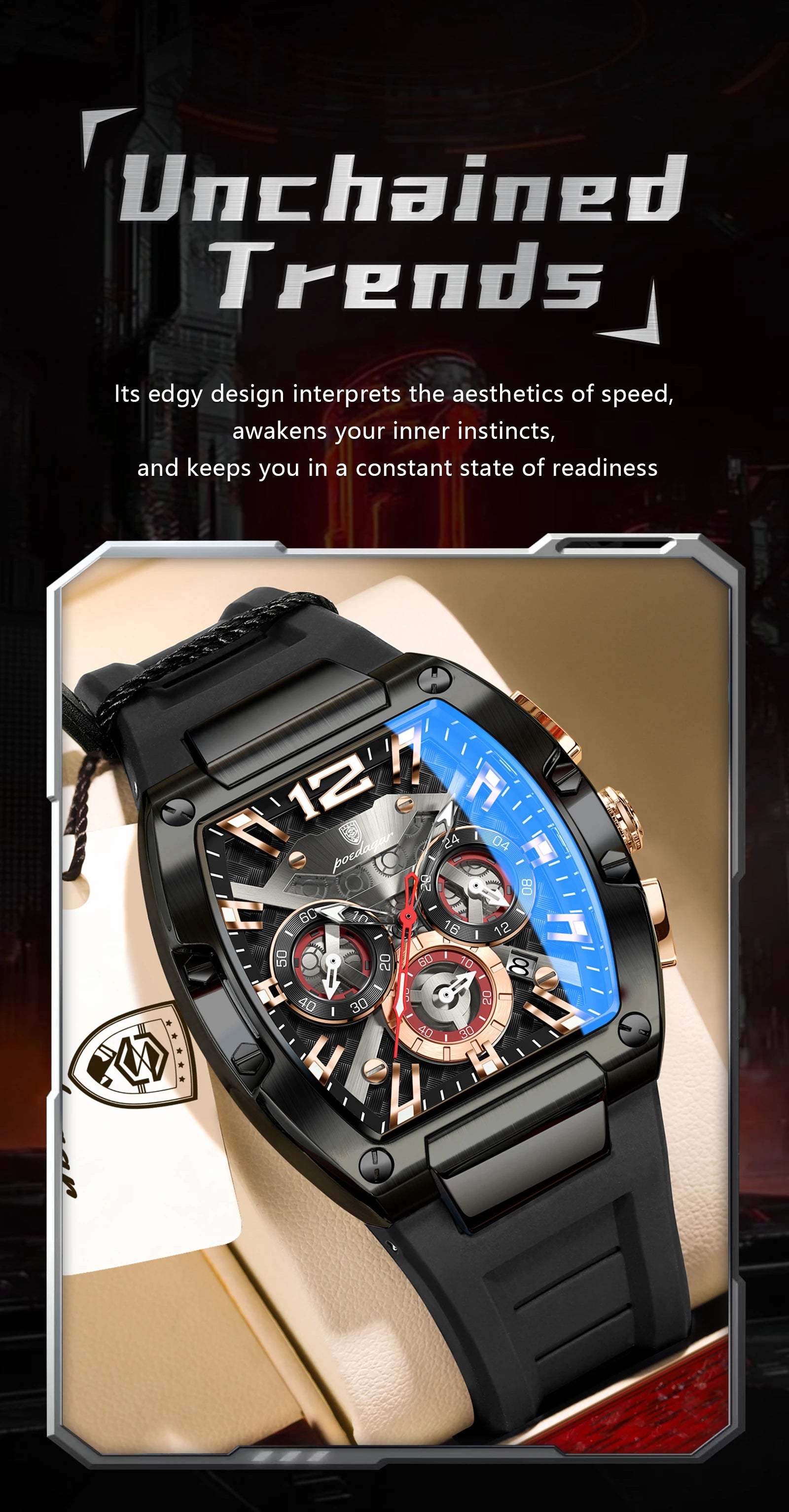 Tonneau Chronograph Watch – Roman Numeral Dial with Sapphire Crystal & Silicone Strap