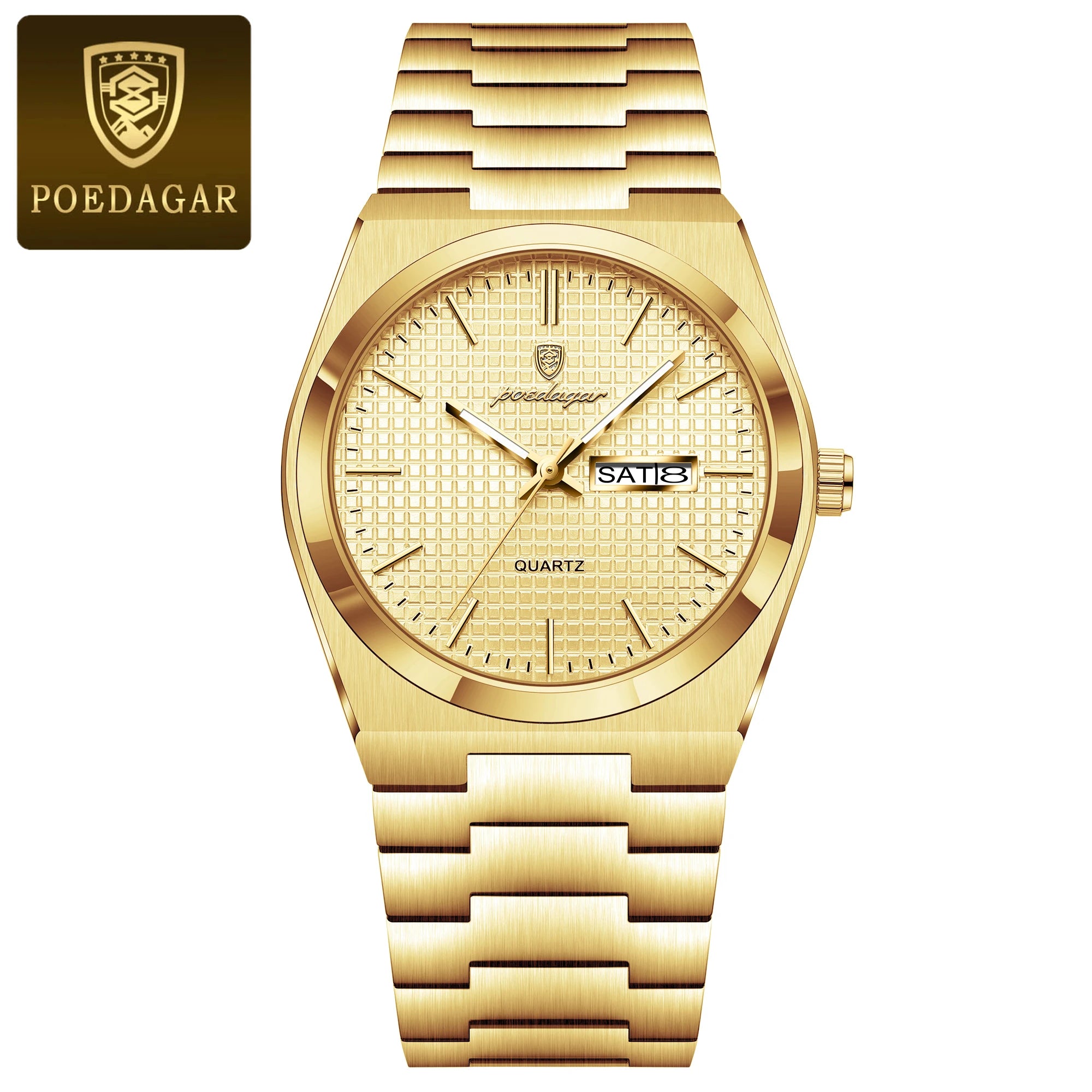 Full Calendar Stainless Steel Watch – Luminous Dial with Date, Week & Hidden Clasp