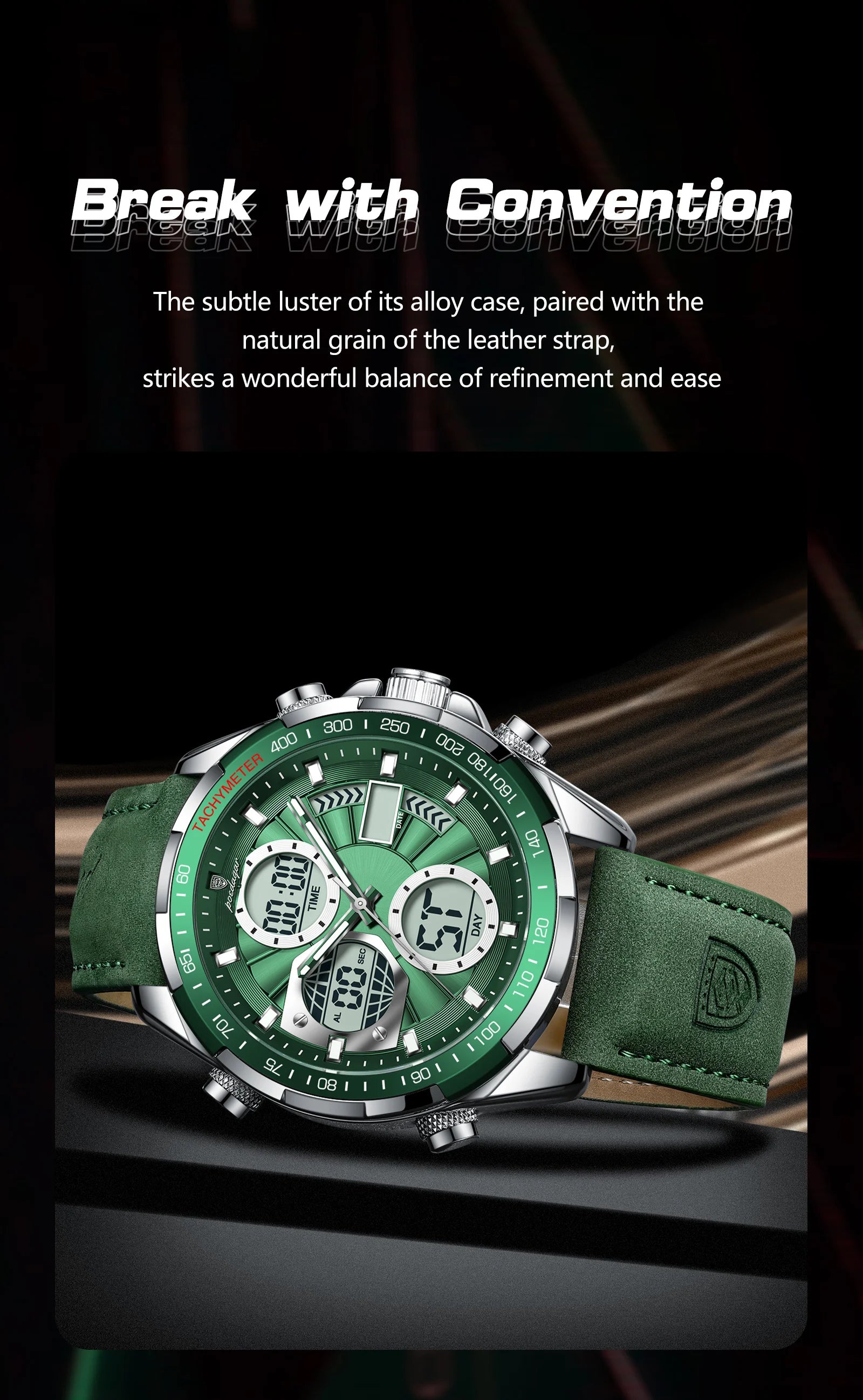 LED Analog-Digital Chronograph Watch – Dual Time & Alarm with Leather Strap