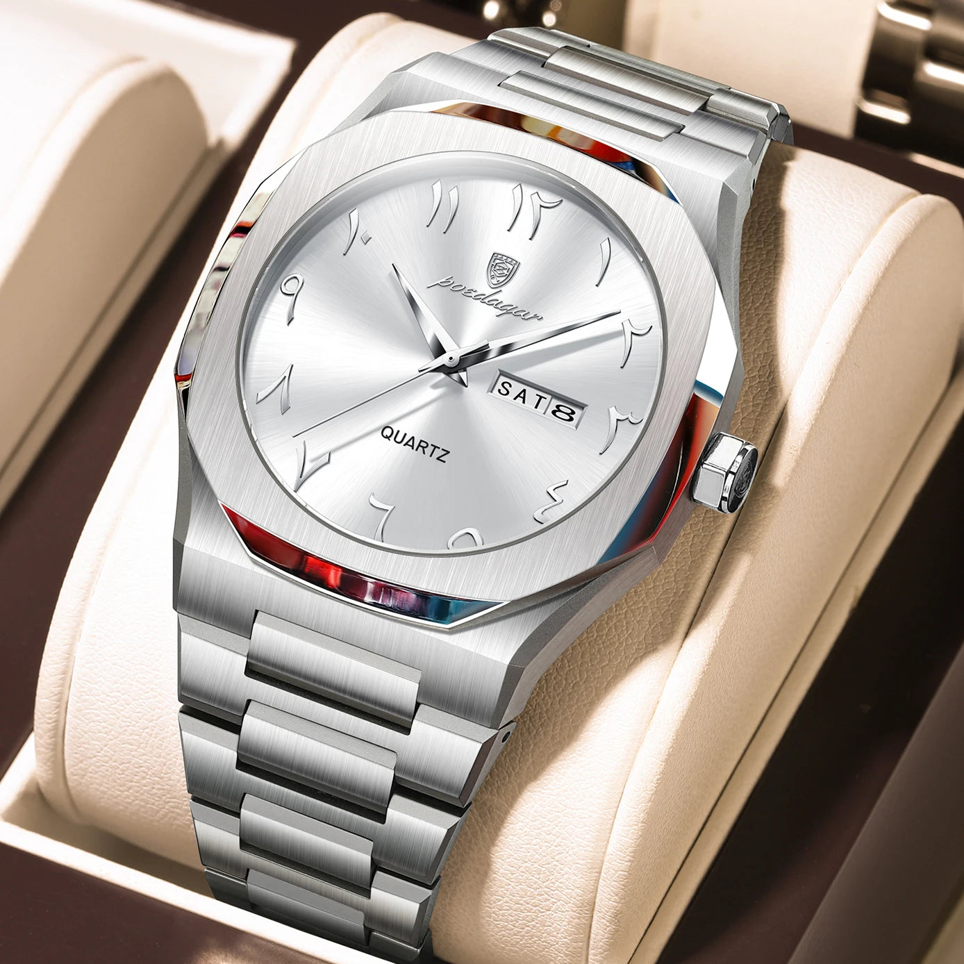 Irregular Shape Stainless Steel Watch – Full Calendar with Date & Week Display