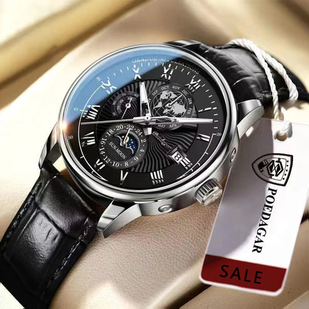 Roman Numeral Full Calendar Watch – Stainless Steel Bracelet with Stopwatch