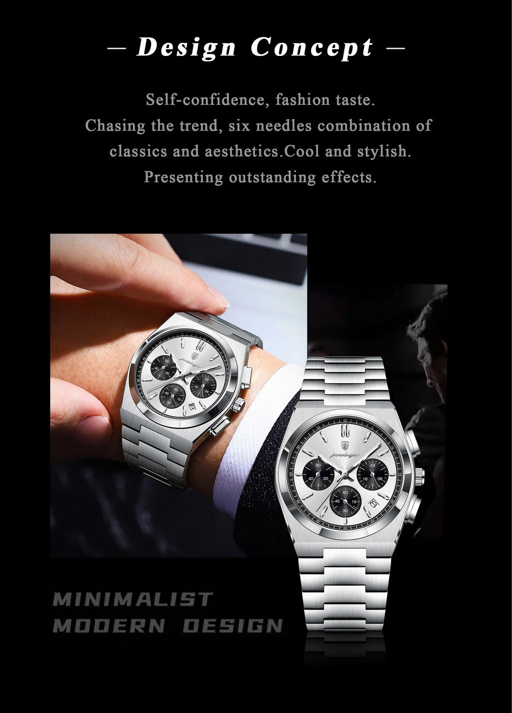 Chronograph Watch – Luminous Numberless Dial with Hidden Clasp