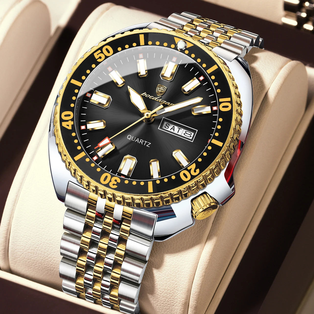 Large Full Calendar Watch – Luminous Numberless Dial with Hidden Clasp Bracelet