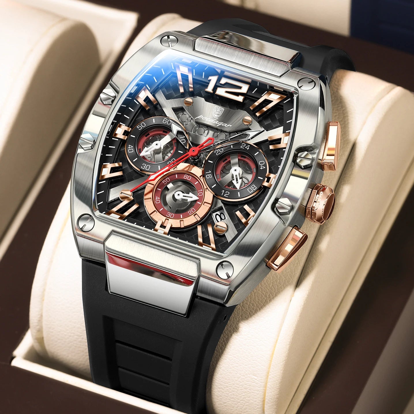 Tonneau Chronograph Watch – Luminous Arabic Dial with Silicone Strap