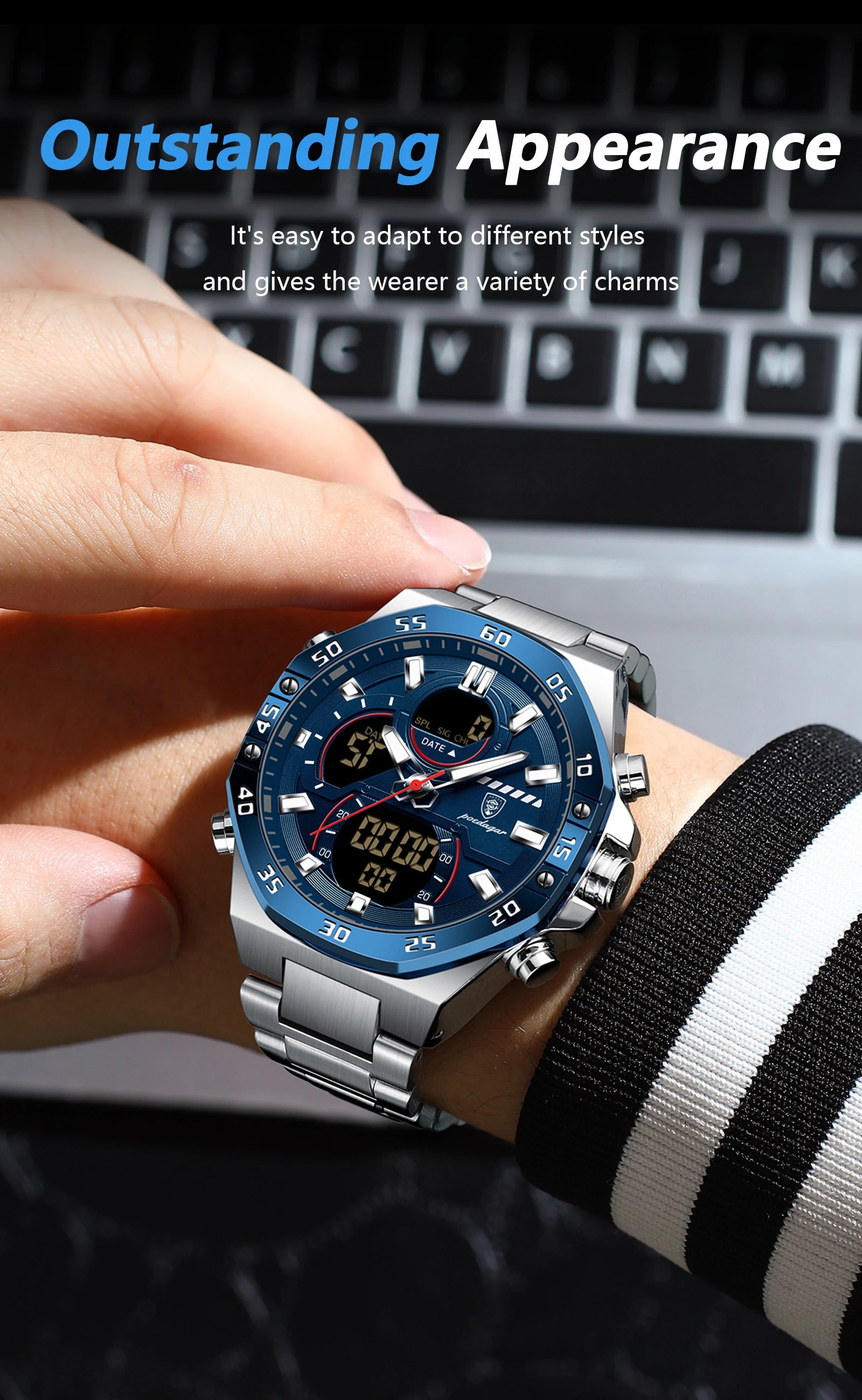 LED Analog-Digital Chronograph Watch – Full Calendar with Alarm & Bracelet
