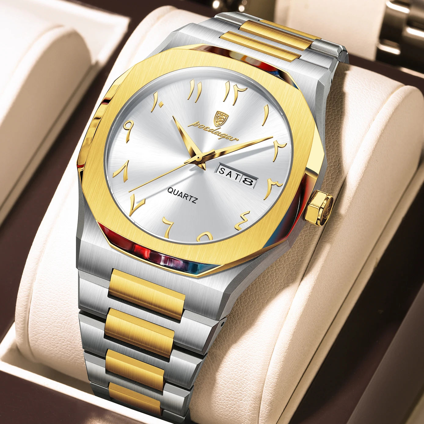 Irregular Shape Stainless Steel Watch – Full Calendar with Date & Week Display