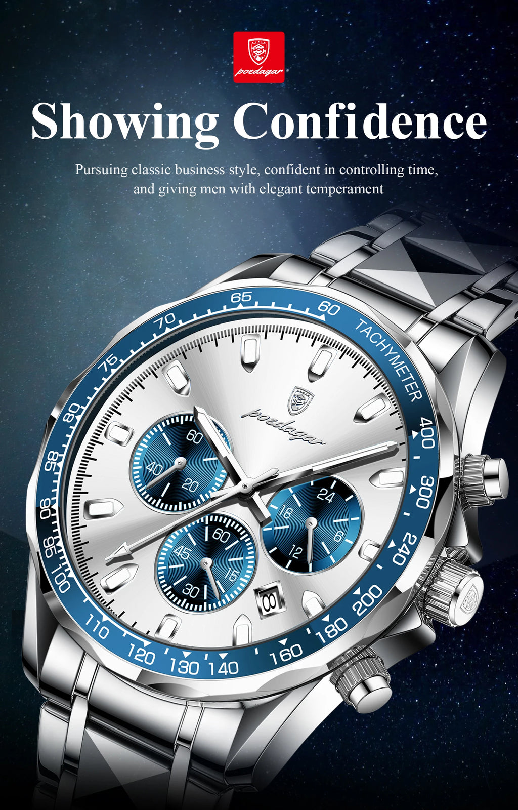 Chronograph Date Watch – Luminous Dial with Hidden Clasp Bracelet