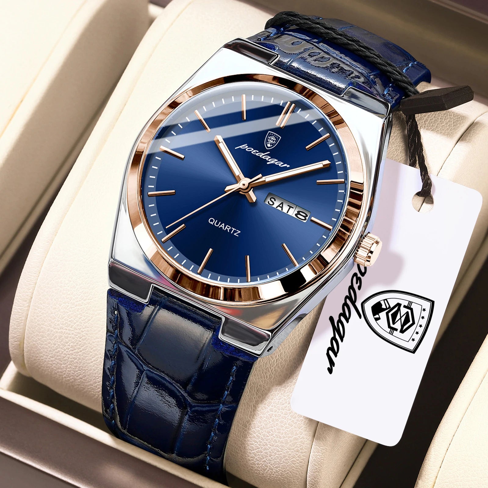 Full Calendar Leather Watch – Luminous Dial with Date, Week & Classic Buckle