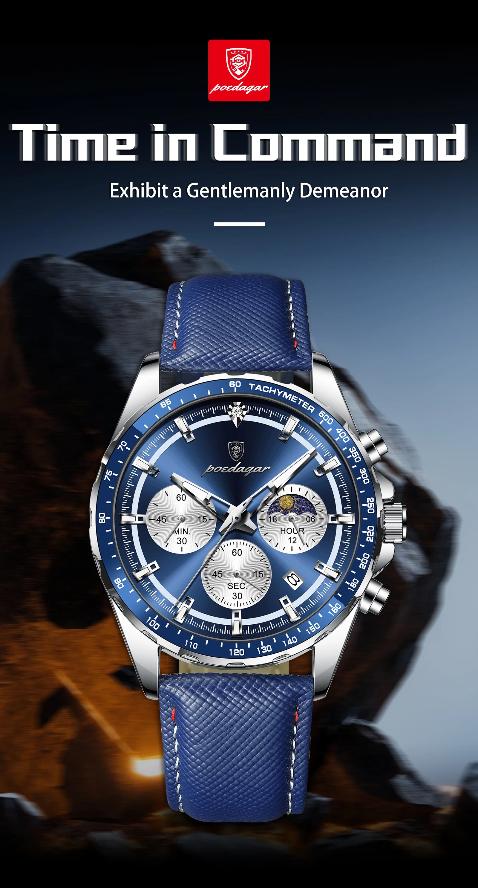 Premium Leather Chronograph Watch – Luminous Dial, Date Display, Quartz Movement