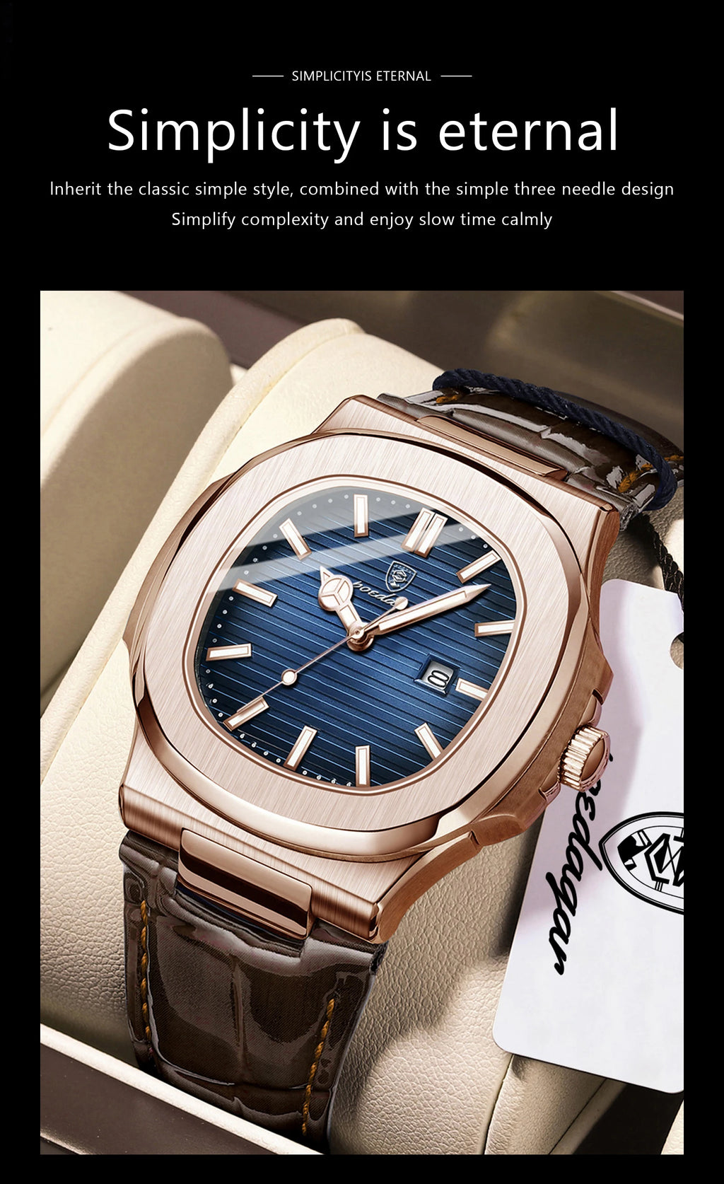 Square Leather Watch – Luminous Dial with Date & Classic Buckle